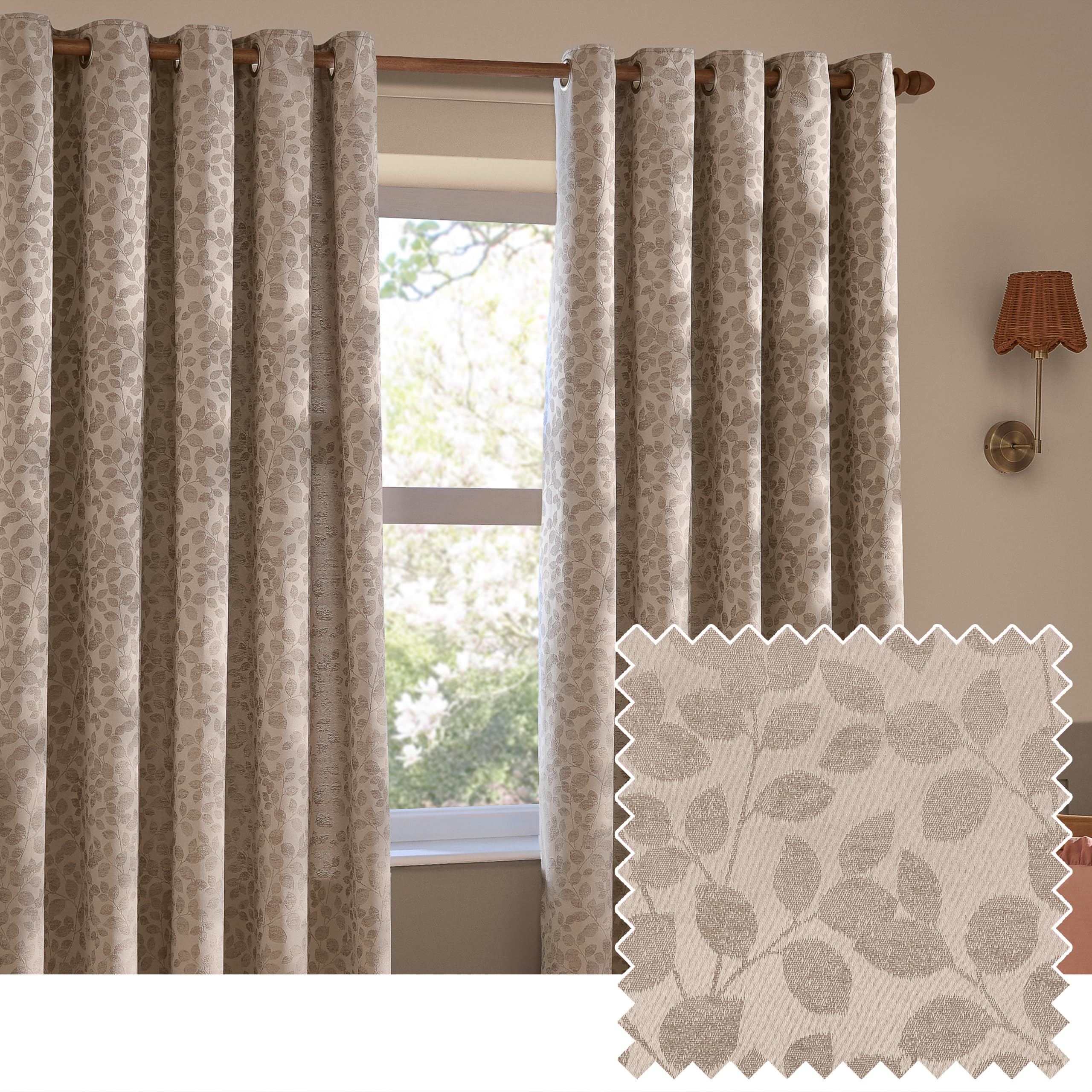 furn. Wylder Grace Leaf Eyelet Curtain Pair – Matt Satin Jacquard Room Darkening Curtains (Taupe – Width 117 x Drop 137cm)
