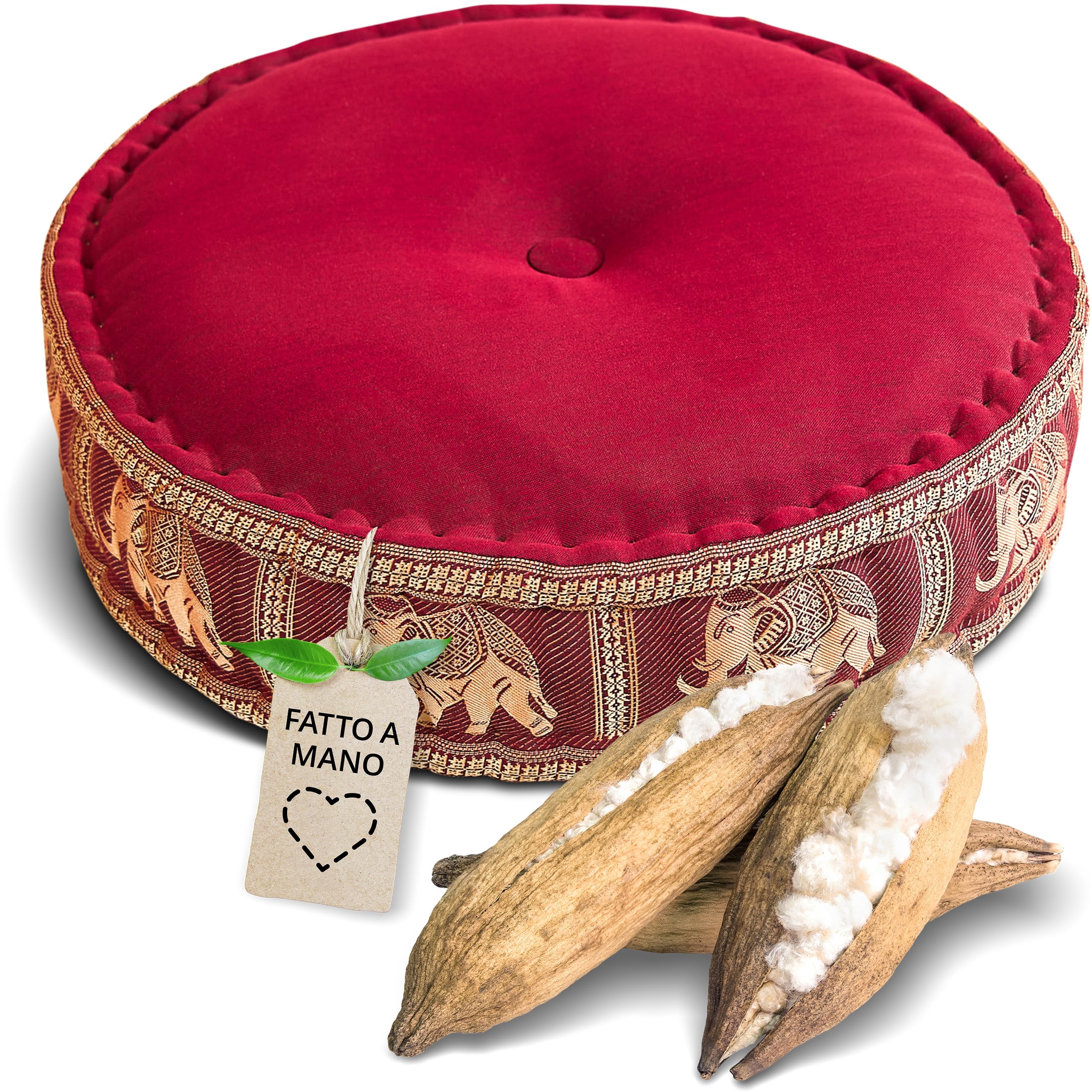 livasia Cuscino da Meditazione Seta thailandese - Ø 45x15cm - Cuscino per Yoga kapok, Pouf, Cuscino da Pavimento Yoga Meditazione Zen, Cuscino Giardino Balcone (Rosso/Elefanti Seta)