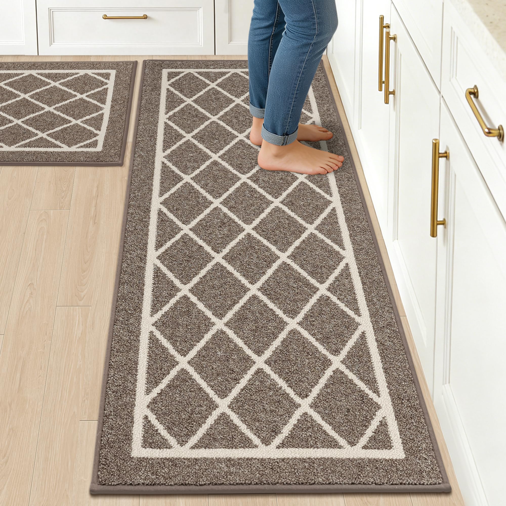 BEQHAUSE-Kitchen-Rugs-Non-Slip-Kitchen-Mats-for-Floor Machine Washable Kitchen Rugs 2 Pieces Brown Kitchen Runner Carpet with TPR Backing, Rolled Packaging, 50X76cm+50X122cm
