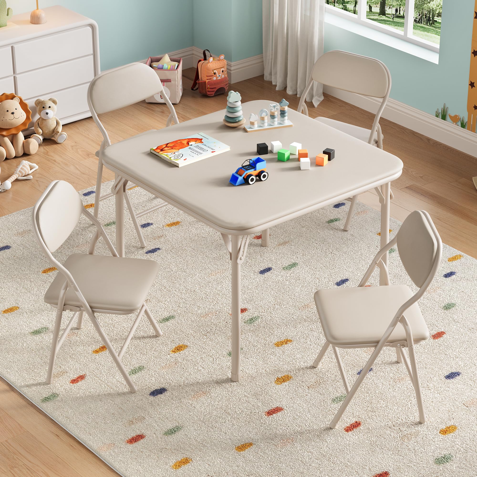 Aptliton Kids Folding Table and Chair Set, Thickened PU Leather Toddler Activity Table with 4 Beige Padded Chairs, Children Play Table for Playroom Daycare Learning Dining, Beige