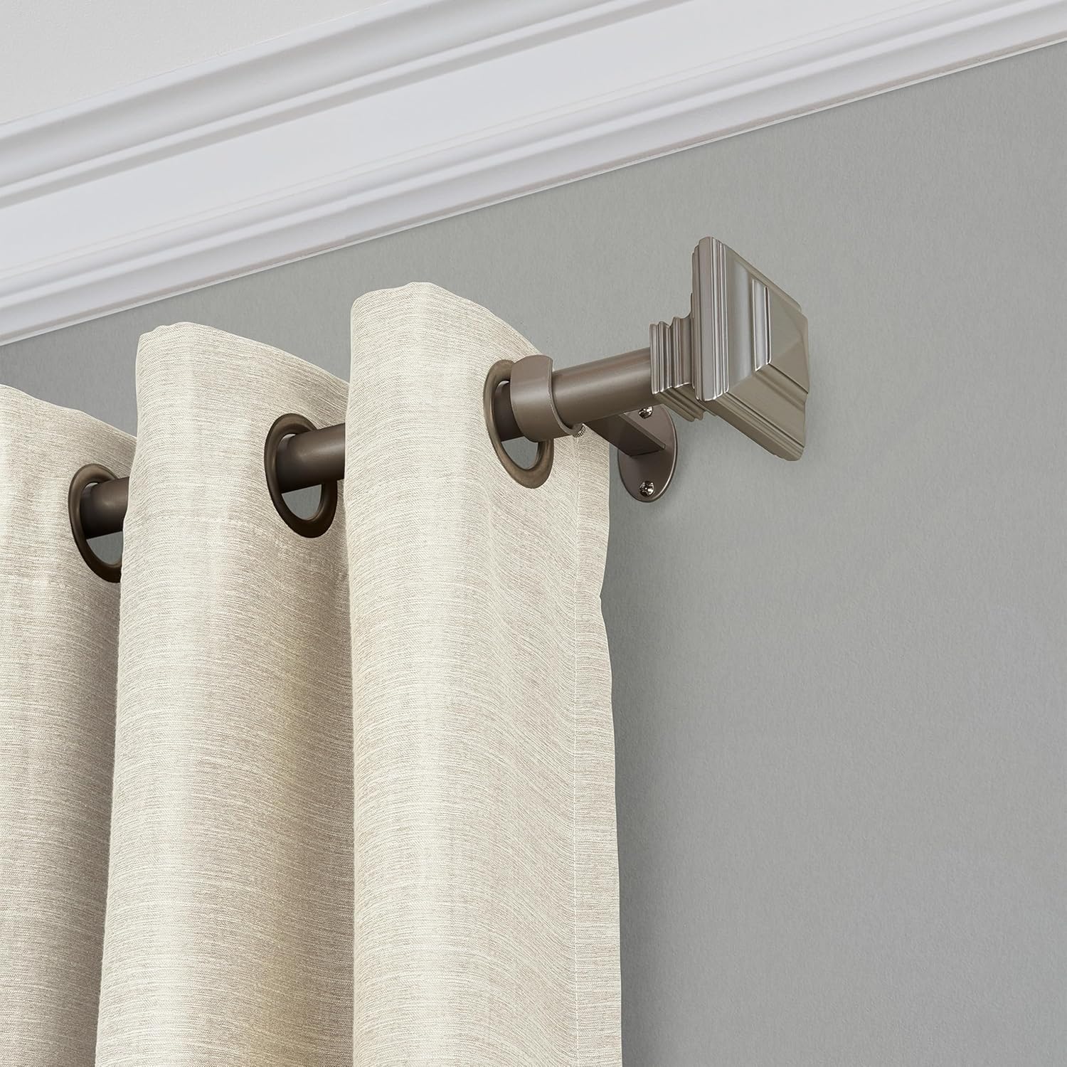 Elrene Home Fashions Florence Single Curtain Rod with Stacked Square Finials, 1" Diameter, (Polished Nickel), (28X48)