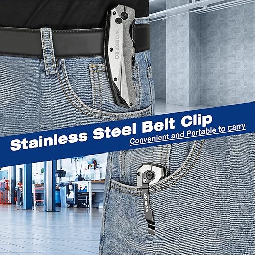 Miniatura 6 de WORKPRO Cuchillo utilitario plegable, metal resistente, cortador de caja de bloqueo de eje de apertura rápida, cuchillo de afeitar de hoja de cambio