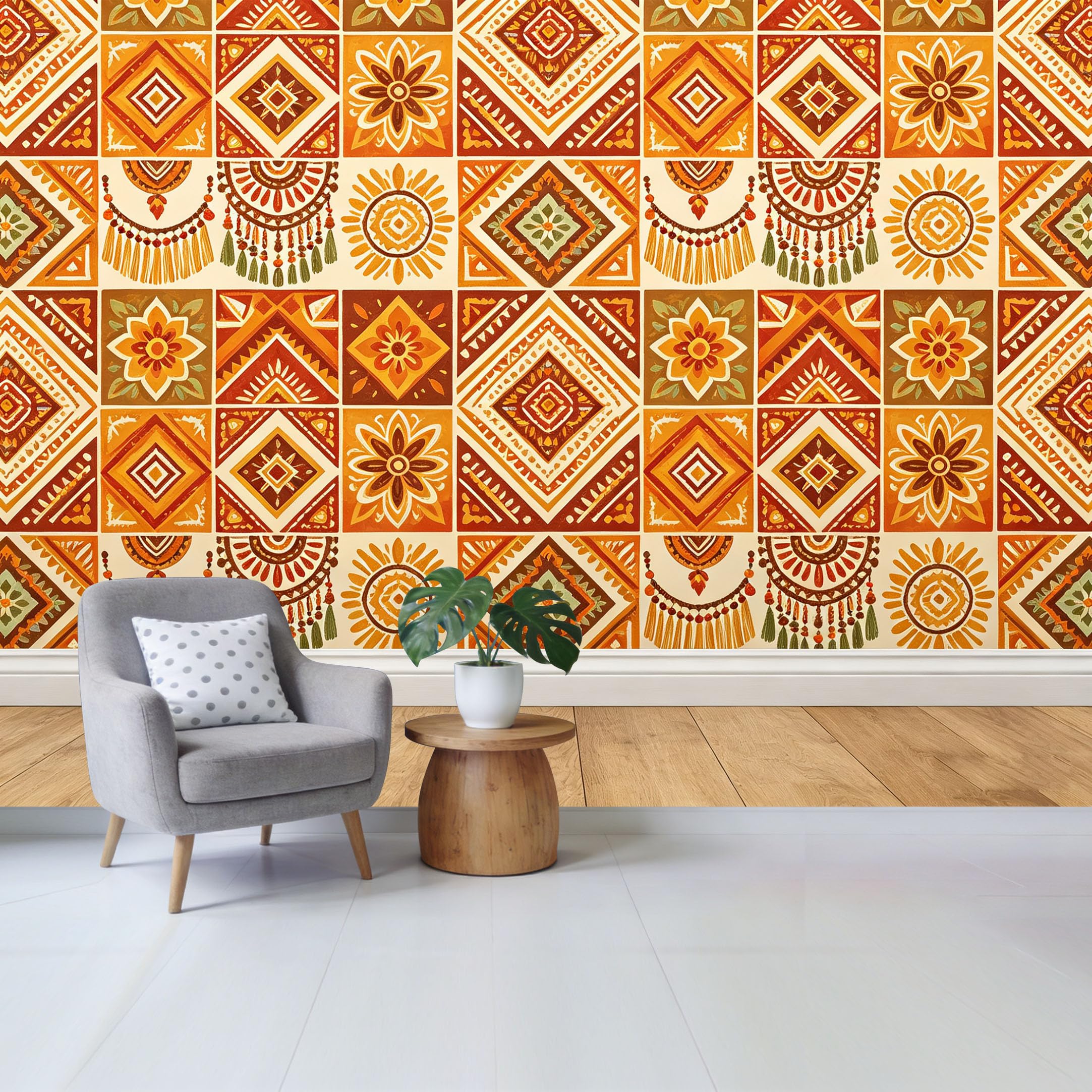 Qzlithotic Yq2605250156 Custom Size Wall Mural Bohemian Geometric Tassel Pattern Warm Earthy Tones Oil Painting Style Selfadhesive Wall Fabric Removable Wallpaper For Home Office Decor