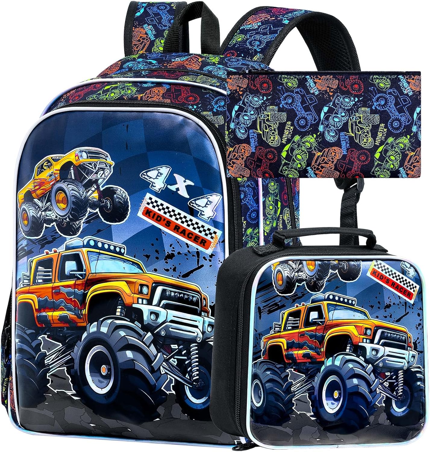 KLFVB 3PCS Dinosaur Backpack for Boys, 16" Kids Bookbag and Lunch Box, Preschool Backpacks for Elementary Students