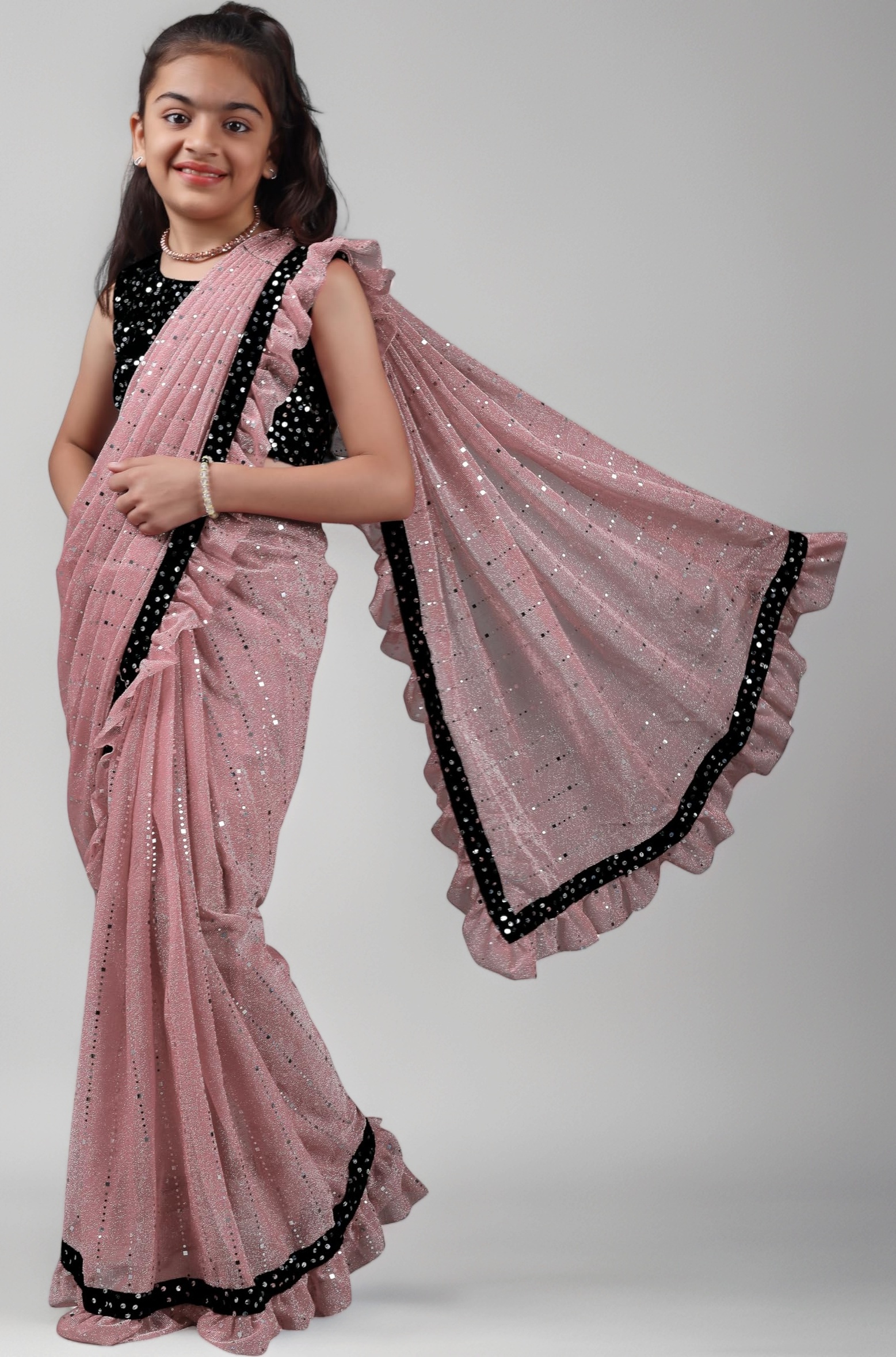 NILKANTHVARNI CREATION Kids Girls Lycra Blend Saree With Unstitched Sequence Blouse Piece (3-4 yrs to 11-12 yrs) (Baby Pink, 7-8 Years - L)