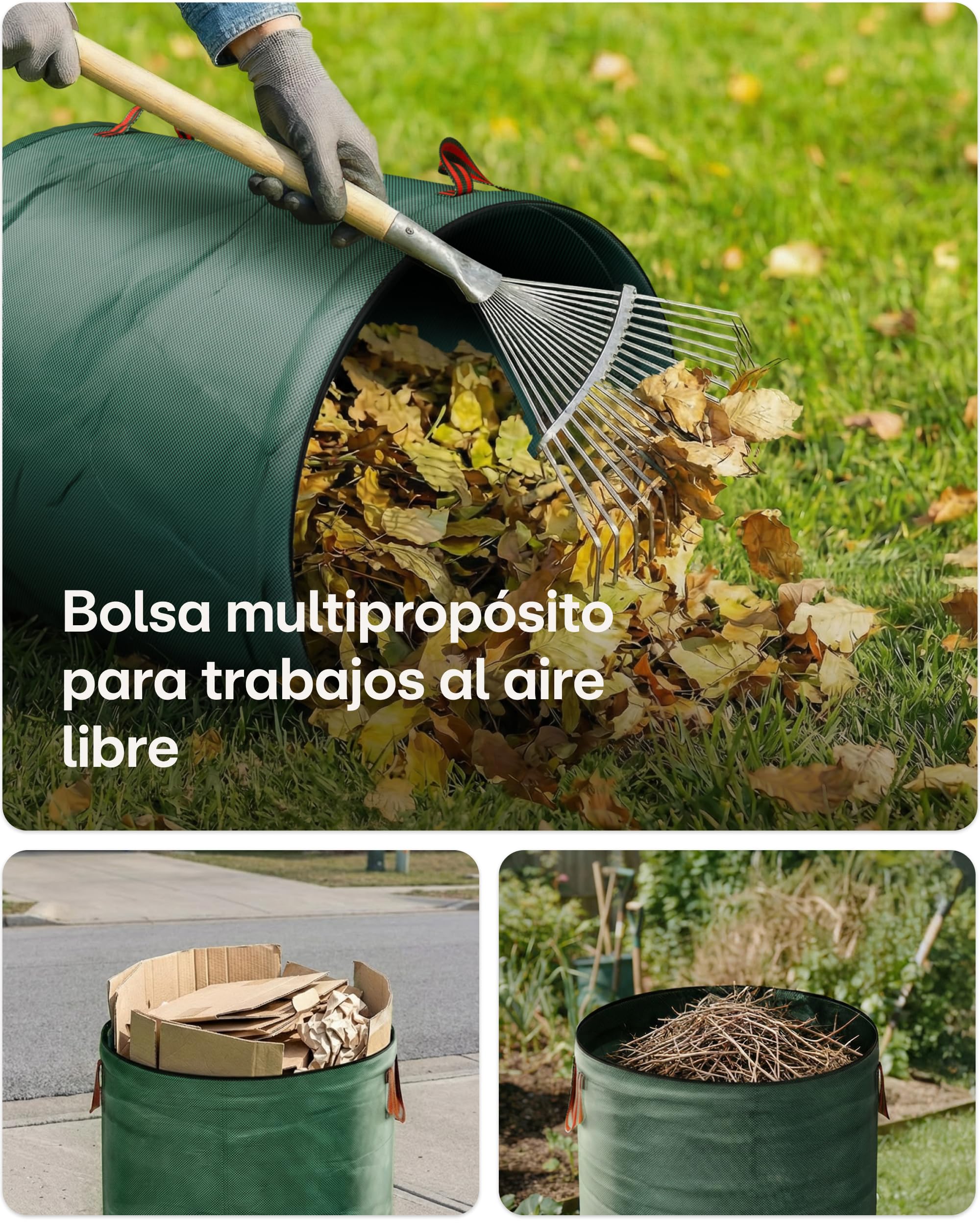 Praknu 3 Bolsa Jardin Con Tapa Con Cremallera De 300 L - Bolsa Basura Jardin Con 4 Asas Resistentes - Estable - Plegable - Reutilizable - Robusto Polipropileno