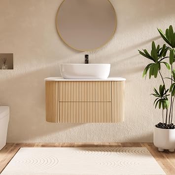 31.5" Farmhouse Floating Bathroom Vanity, Ceramic Vessel Sink Vanity Wall-Mounted Vanity with Sintered Stone Top and Storage Drawers