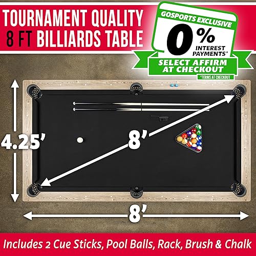 Miniatura 7 de GoSports 8 ft Pool Table with Wood Finish - Modern Billiards Table with 2 Cue Sticks, Balls, Rack, Felt Brush and Chalk