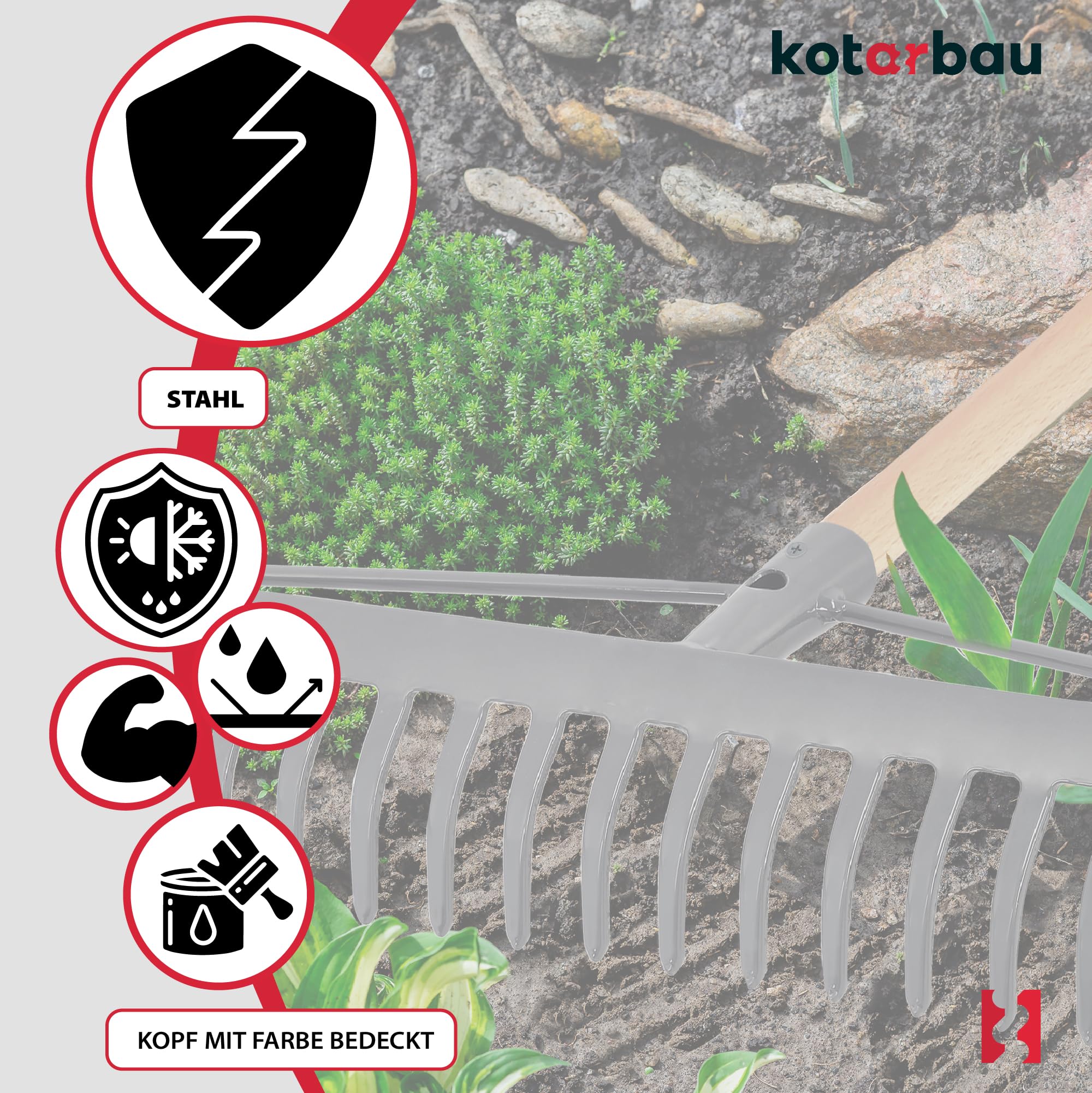 KOTARBAU® Rateau à Feuille - Métal - 46 cm - Râteau Jardin - 18 Dents - avec Manche en Bois - Outil Robuste pour Entretien Gazon Jardinage - Gris & Naturel