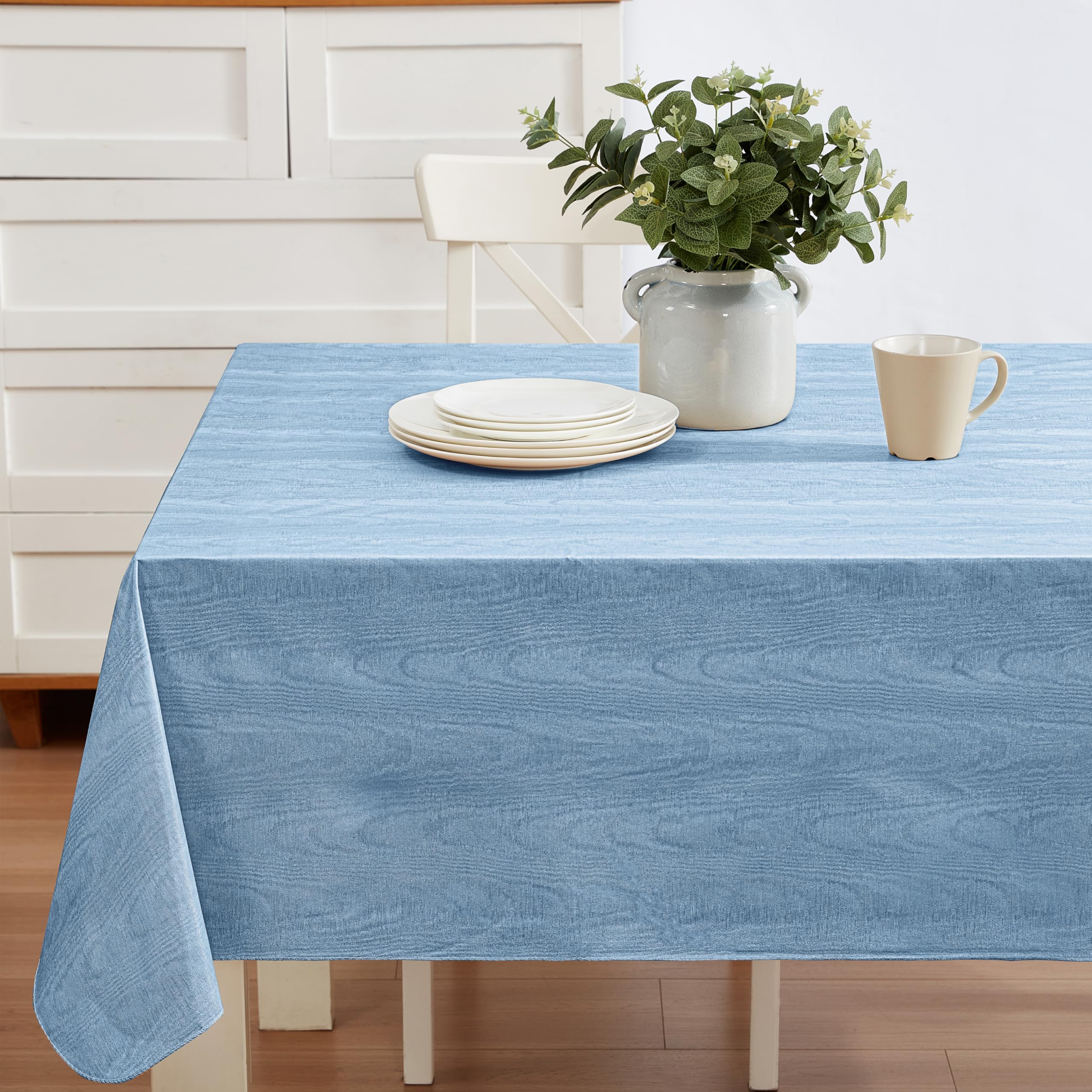 Newbridge Vinyl Flannel Backed Tablecloth, 60 x 120 Inch Rectangle, Blue Moire Wavy Solid Design, Heavyweight Indoor Outdoor Waterproof Table Cover, Easy Care Wipe Clean