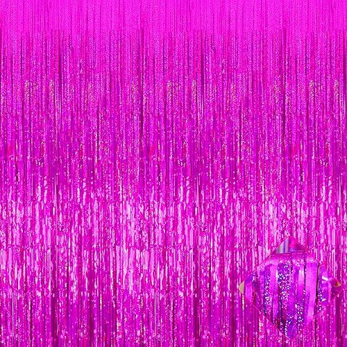 Paquete de 4 cortinas de flecos de papel de aluminio fucsia de 3.2 pies x 8.2 pies, cortinas de oropel metálico con flecos para cabina de fotos,