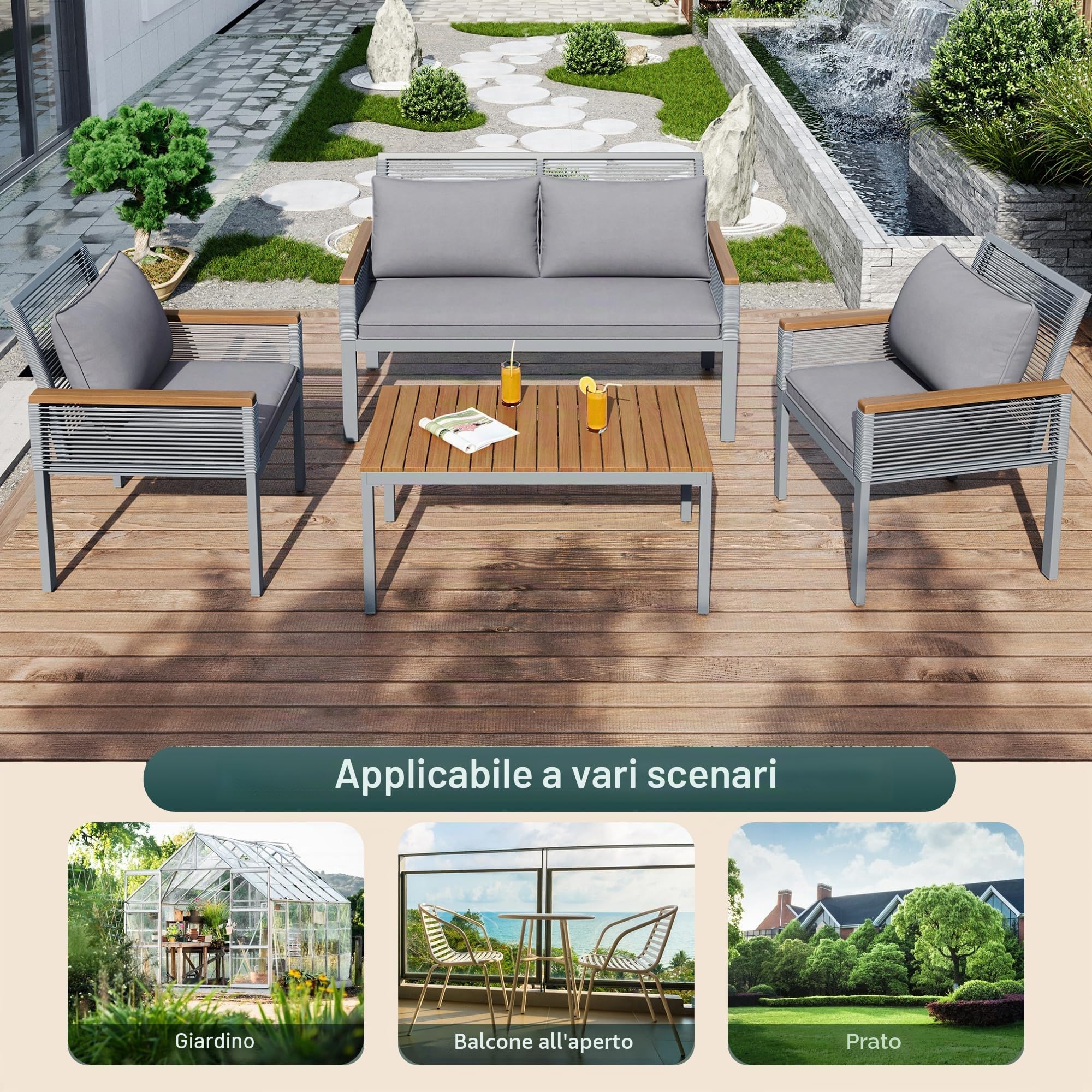Ymkua Set di Mobili da Giardino, Salotto In Rattan 4 Set, Mobili da Balcone in Polyrattan, Mobili da Esterno per 4 Persone, con Cuscini, Divano Doppio, 2 Poltrone e Tavolo (Grigio)