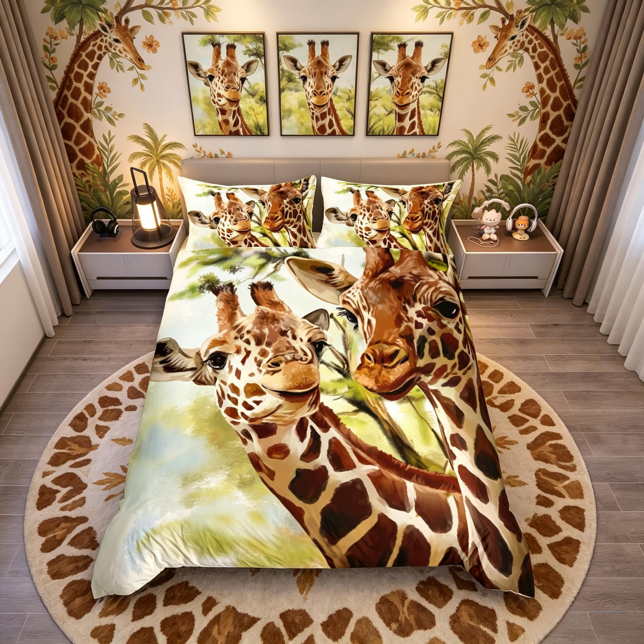 Loussiesd Giraffe Comforter Cover Set Single Size Safari Wild Animals Duvet Cover Set African Wildlife Tree Leaf Bedding Set Digital Print Bedspread Cover with 1 Pillow Shams Microfiber Quilt Cover