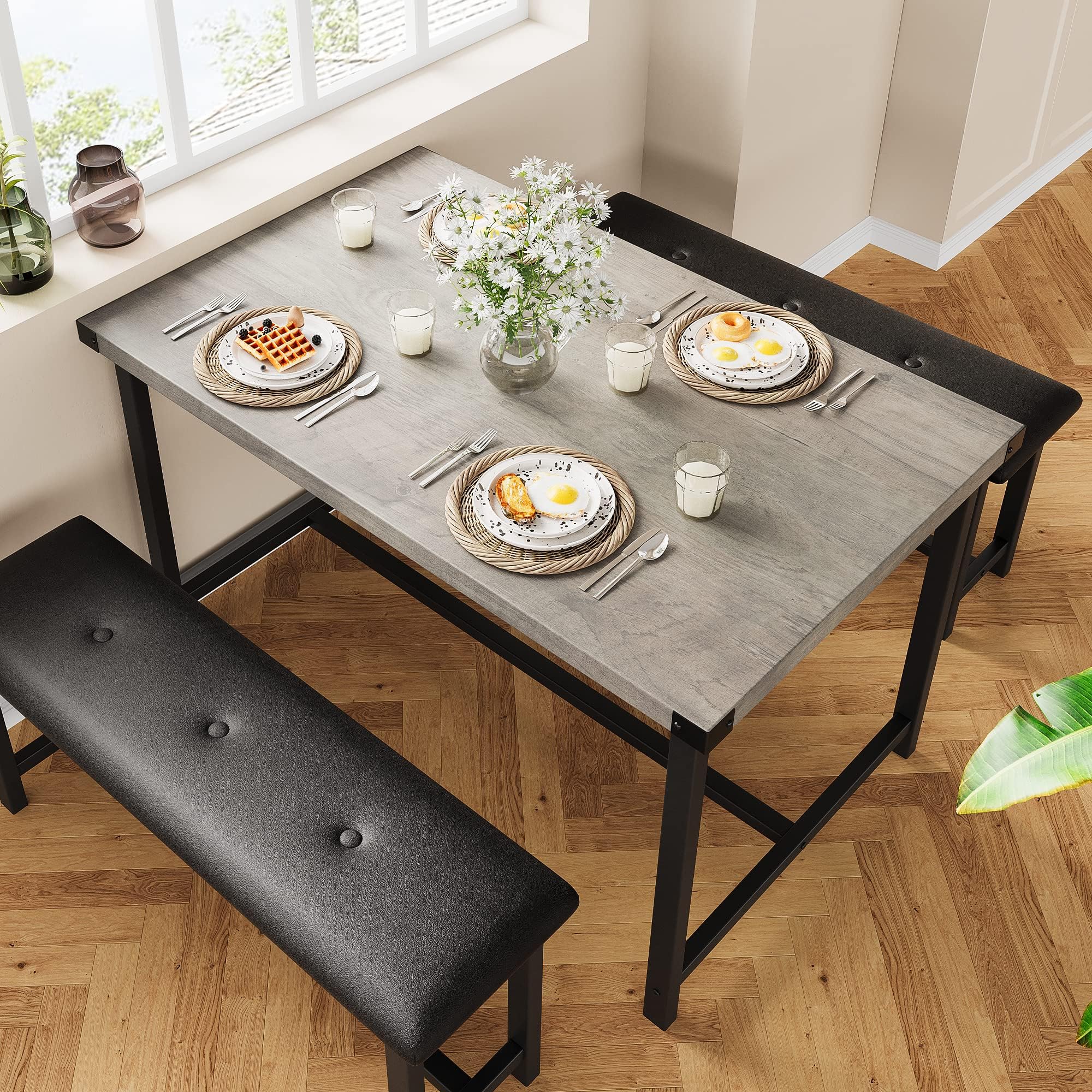 Crevyteg 3 Piece Dining Table Set, Kitchen Table and Benches for 4, Rectangular Dining Room Table Set with 2 Upholstered Benches, Dining Table Set for Small Space, Apartment, Retro Gray