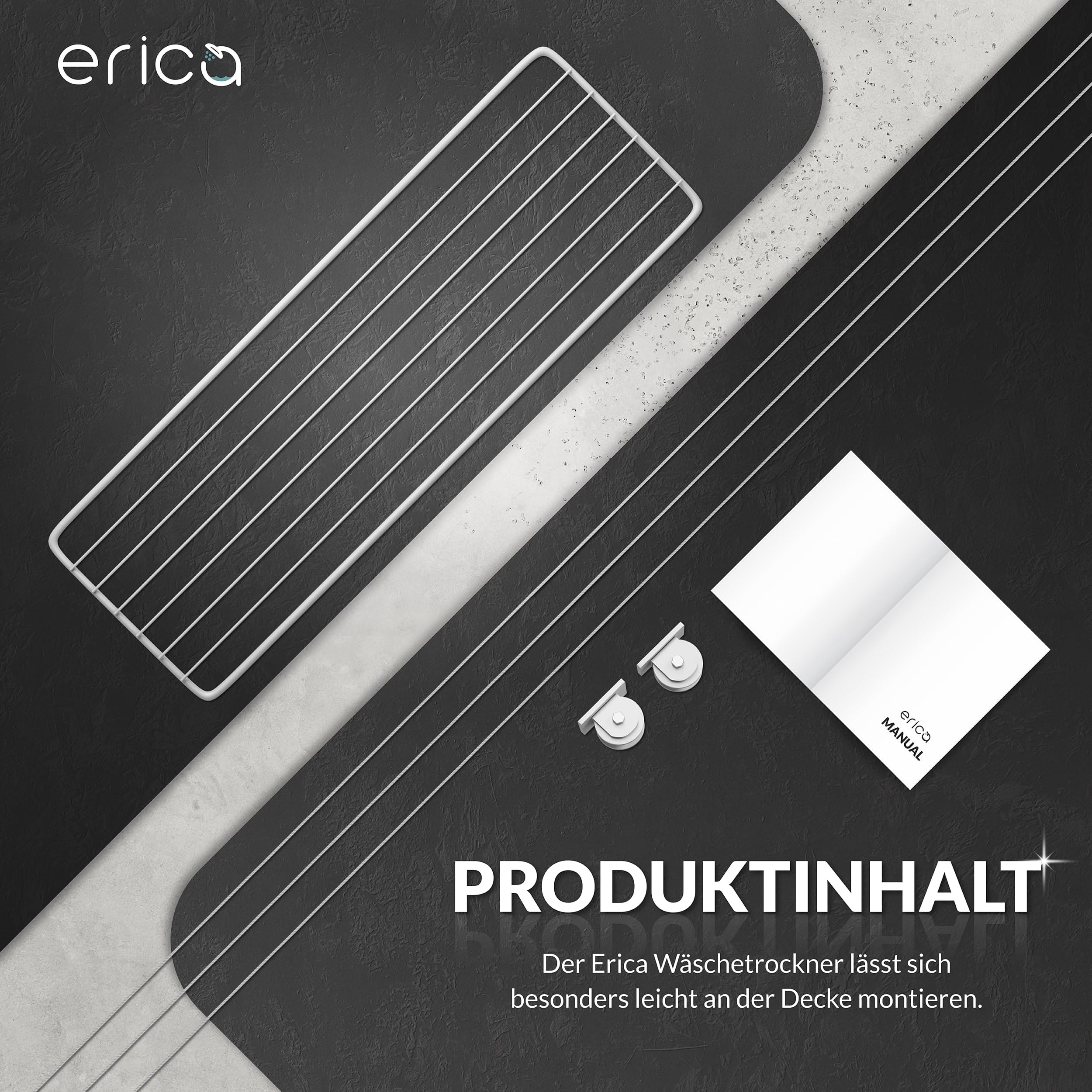 Erica Wäscheständer Decke 140x50cm, Platzsparend mit 11,2m Trocknungsfläche, Vertikal zusammenklappbar 2,5m, Deckenwäschetrockner aus Metall, Weiß