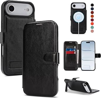 for iPhone Air Wallet Case with Stand,PU Leather Flip Credit Card Holder Slots RFID Blocking,Compatible with Magsafe Magnetic Holder Phone Cover Women Men,Black
