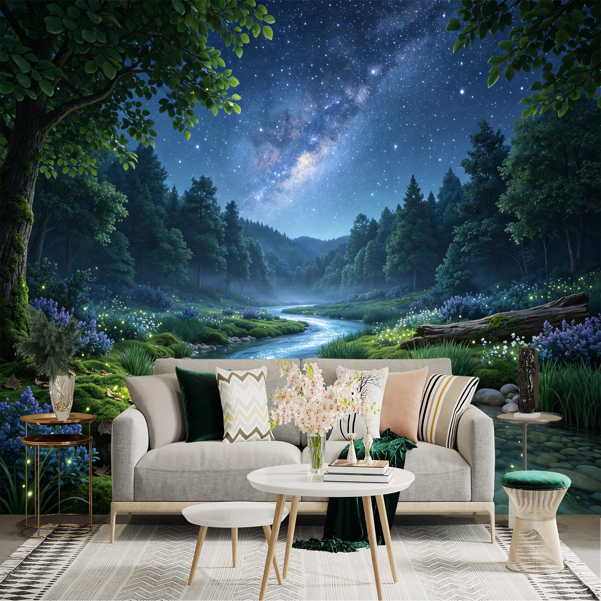 Lnzczhyre Bh260719034 Custom Size Wall Sticker Mural， Enchanted River Landscape， Glowing Fireflies， Milky Way Galaxy， Lush Forest Scenery， For Wall Decoration， Peelandstick Wall Decals.
