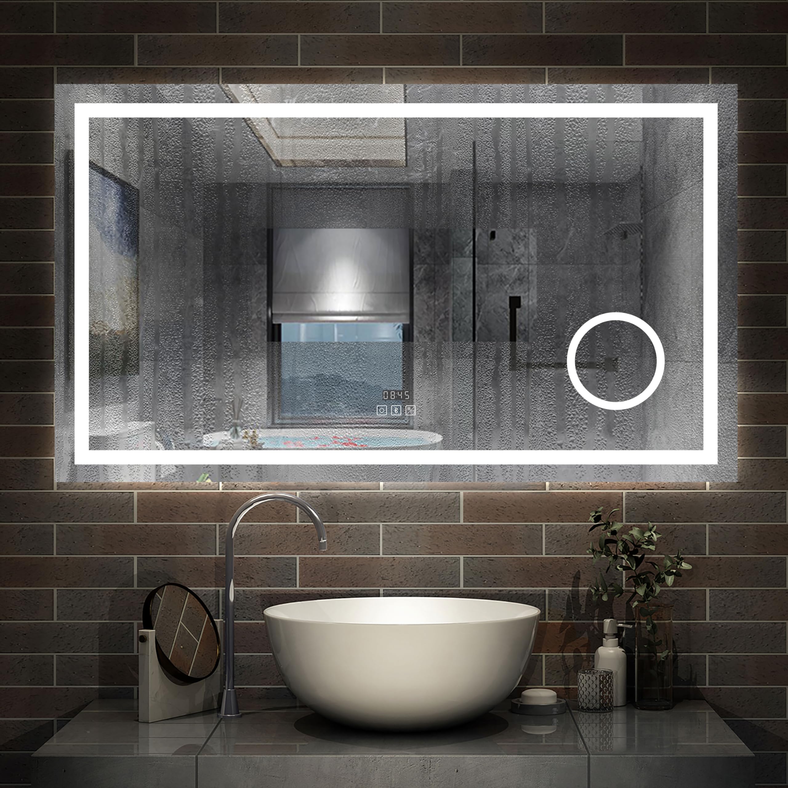 AICA Miroir Salle de Bain 120 x 70cm,Miroir Lumineux LED 3 Couleurs | Bluetooth + Dimmable + Grossissant + Horloge + Anti-buée + Mémoire,Miroir Mural avec Éclairage Interrupteur Tactile Étanche