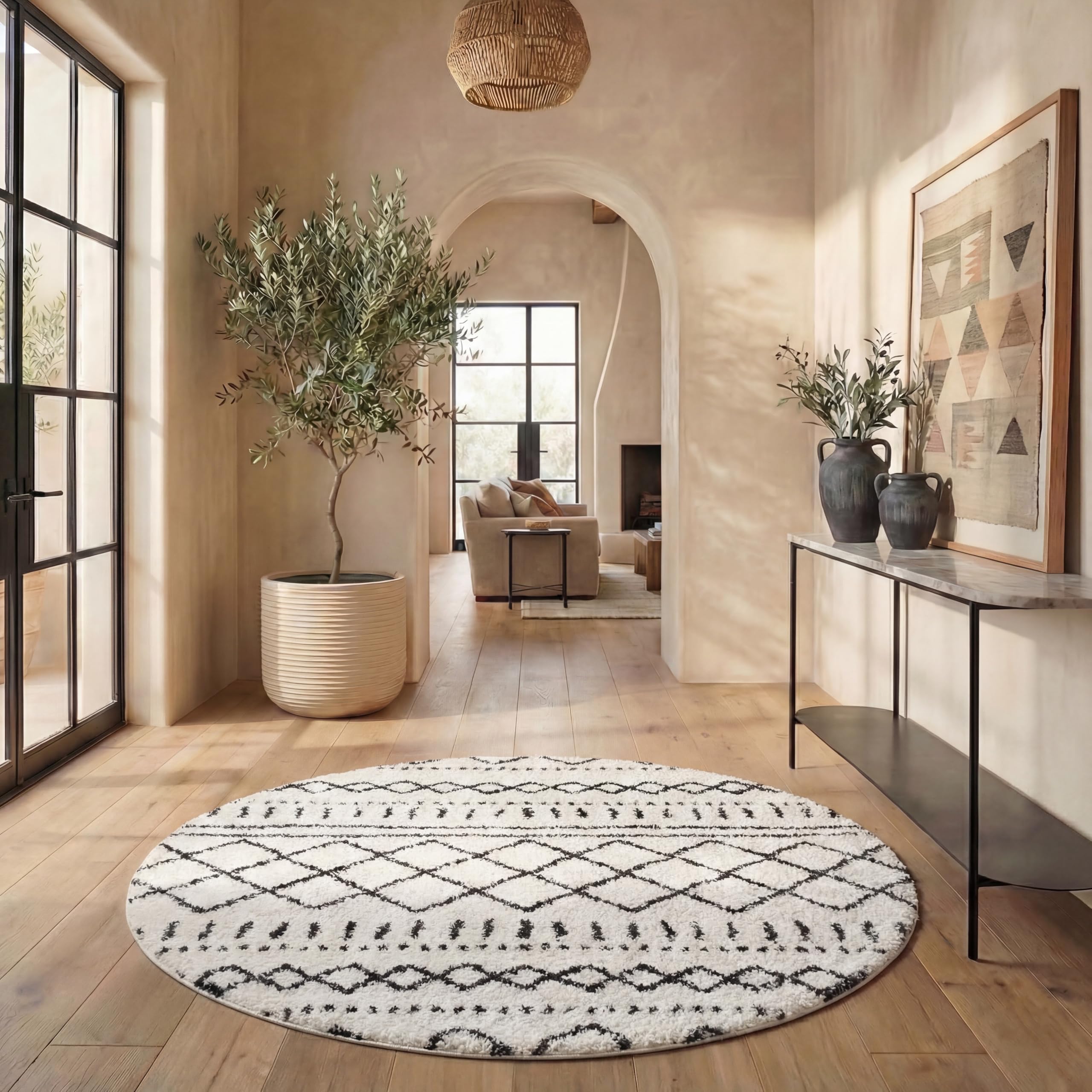 SAFAVIEH Arizona Shag Collection Area Rug - 8' Round, Ivory &amp; Black, Moroccan Boho Design, Non-Shedding &amp; Easy to Clean, Ideal for Living Room, Bedroom, Dining Space (ASG741Z)