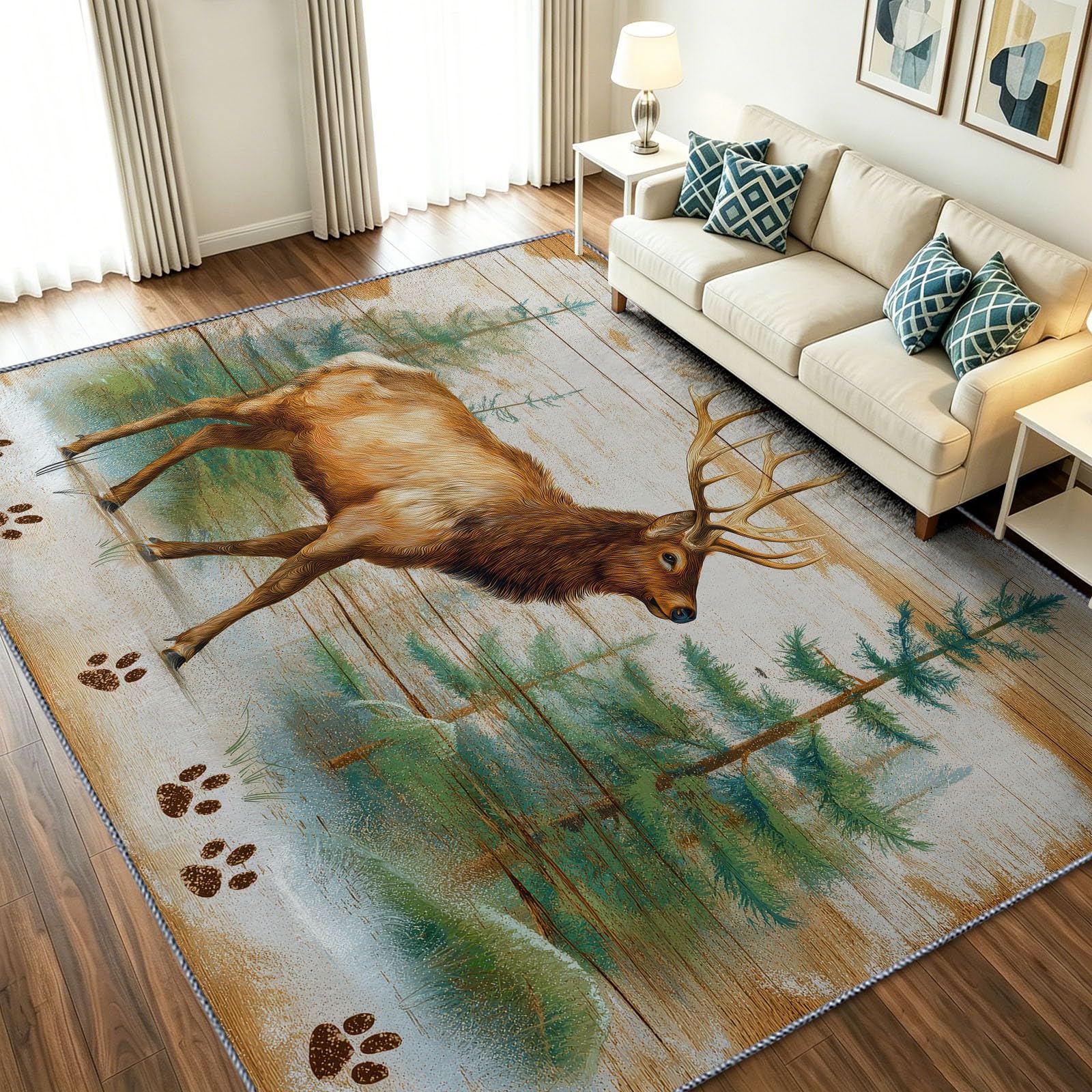 Alfombra animal vintage americana verde de 80 x 150 cm lavable para comedor y habitación de niños
