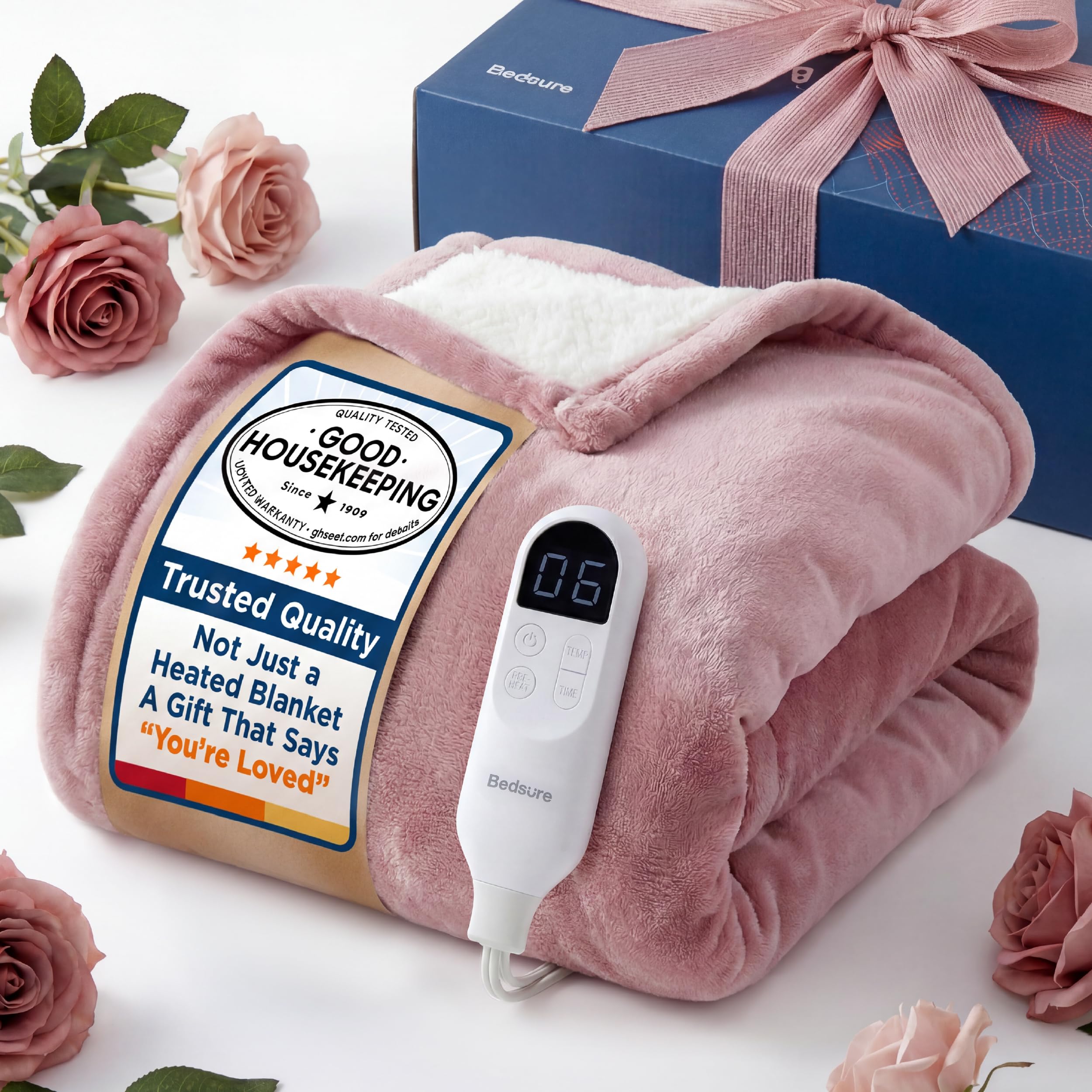 Bedsure Heated Blanket Throw, Soft Electric Blanket with Preheat, Pink