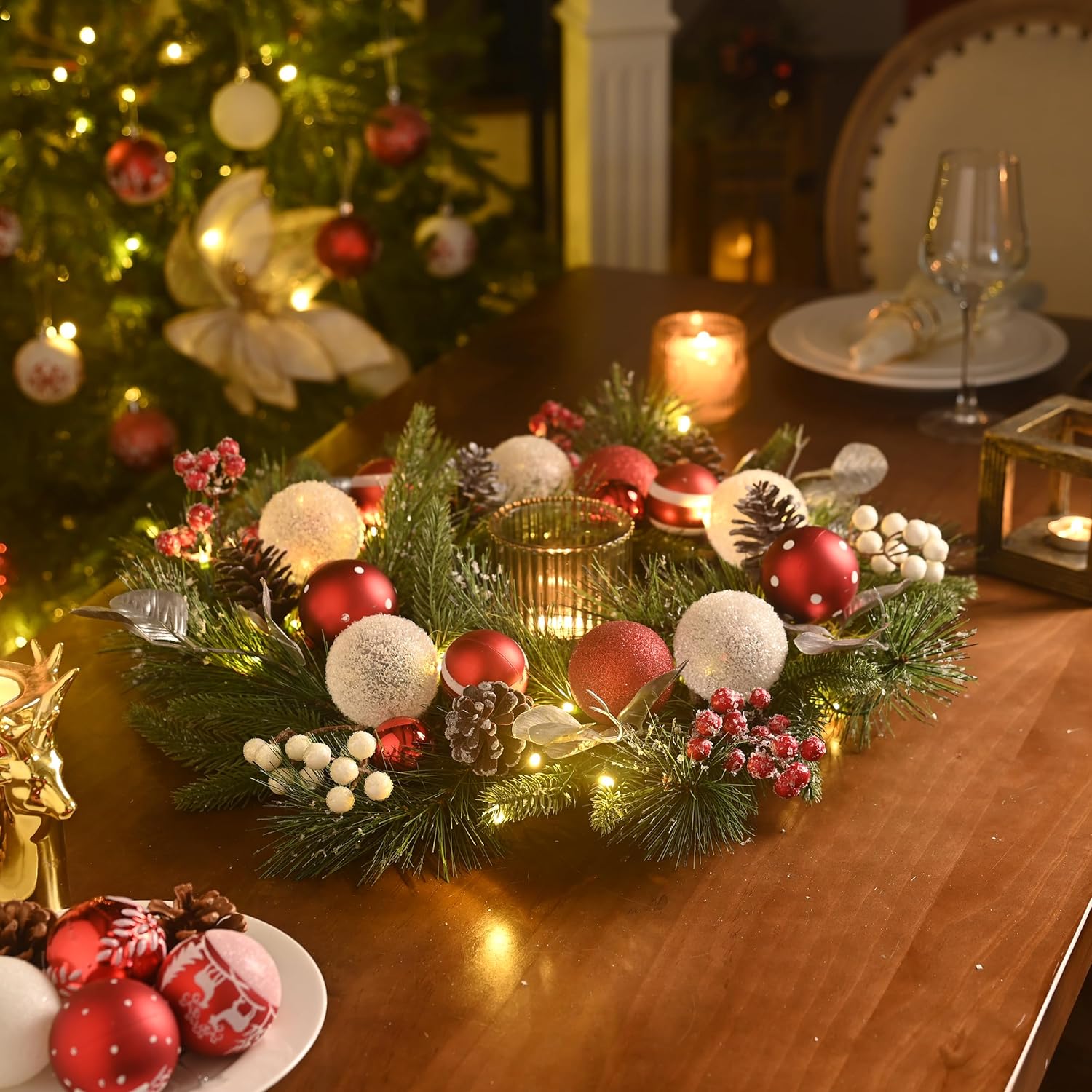 Valery Madelyn 20'' Pre-Lit Christmas Wreath for Front Door with Light, Lighted Christmas Door Wreath with Red White Xmas Ball Norfolk Pine Branches for Home Porch Fireplace Window Holiday Decor - Image 3