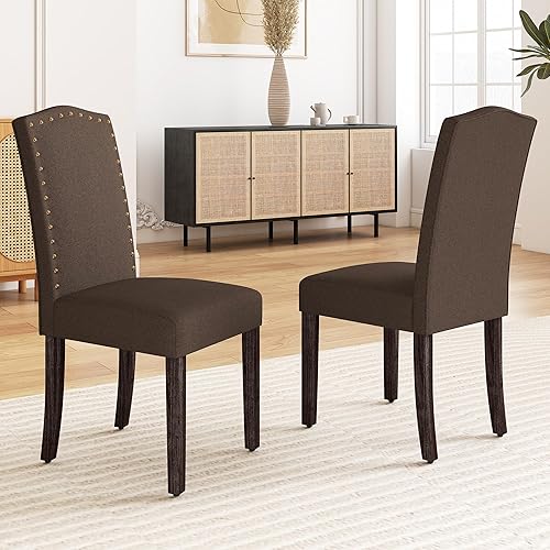 Miniatura 10 de LSSBOUGHT Juego de 2 sillas de comedor de poliuretano tapizadas Parsons con clavos de cobre y patas de madera maciza para comedor, restaurante