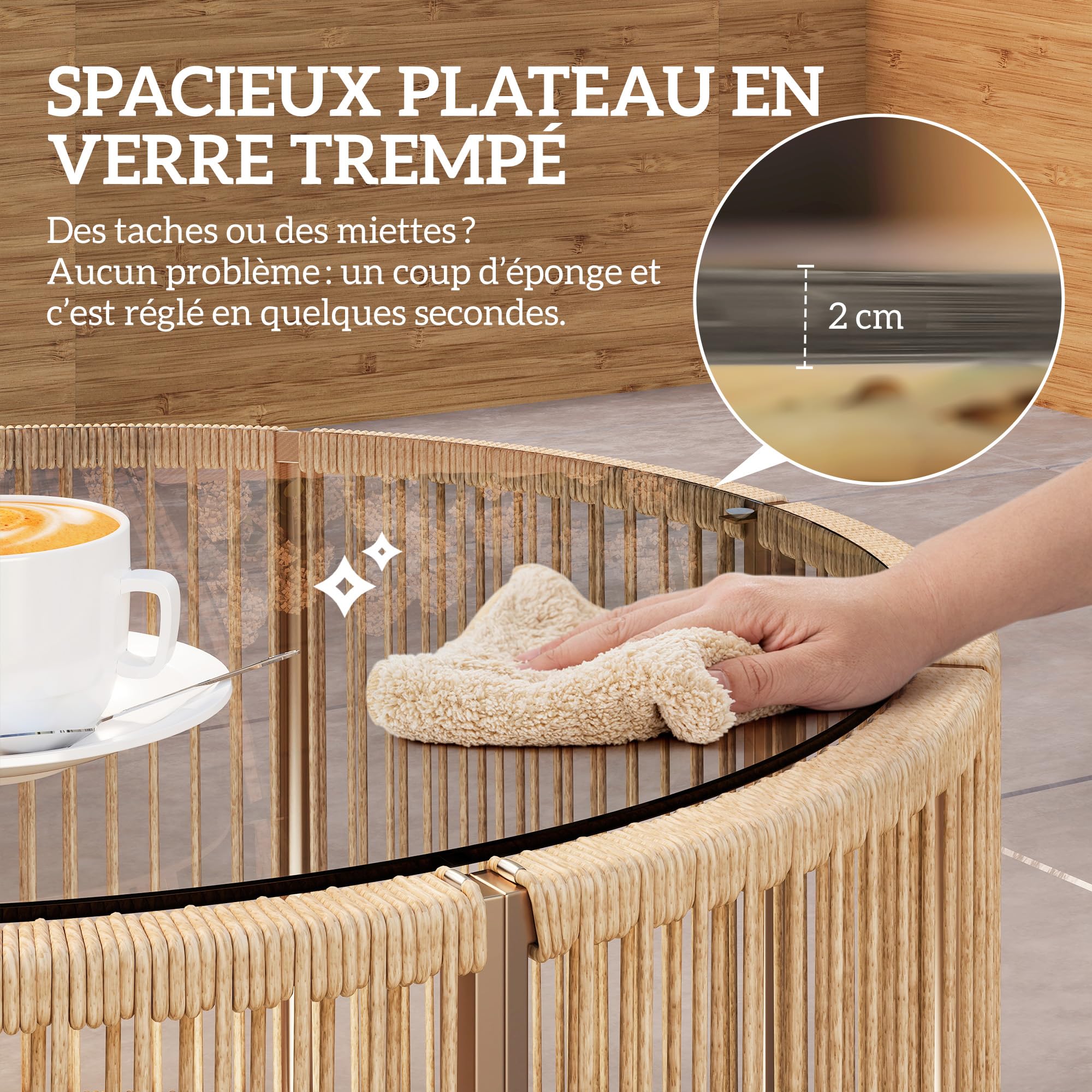 Outsunny Table Basse de Jardin Ronde en Résine Tressée, Table d'Appoint avec Plateau en Verre Trempé et Cadre en Acier Galvanisé, 70x70x33cm, Marron