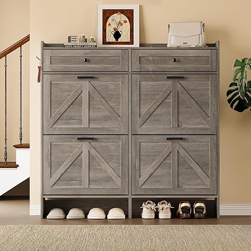 Miniatura 6 de Armario de almacenamiento de zapatos para entrada, armario ancho de casa de campo con 4 cajones abatibles y 2 cajones superiores, organizador