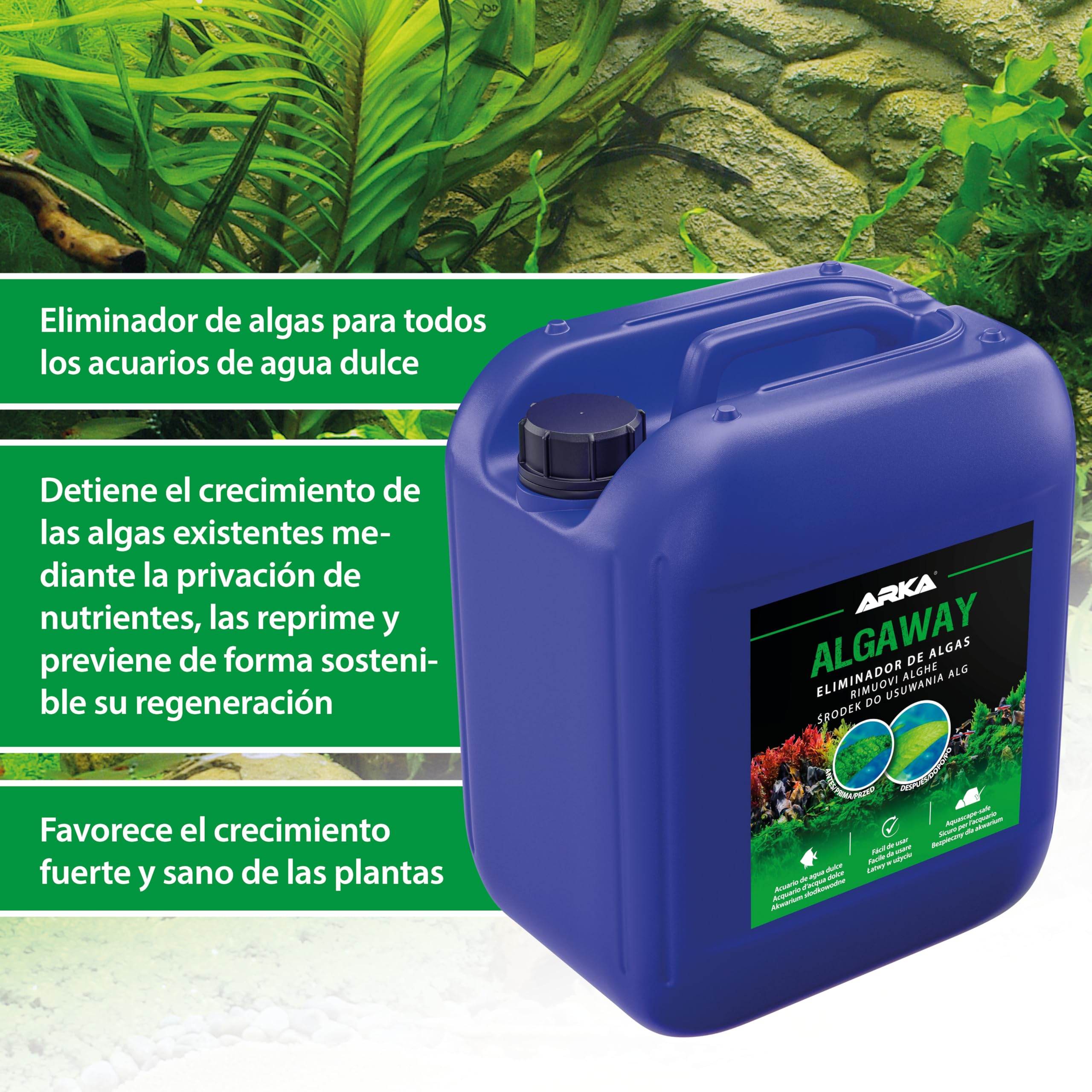 Eliminador de Algas para Acuario 5000 ml – ARKA Algaway – Tratamiento contra Algas filamentosas, Verdes y puntuales – sin Cobre y Seguro para Plantas – Agua Clara y Saludable – acuarios de Agua Dulce