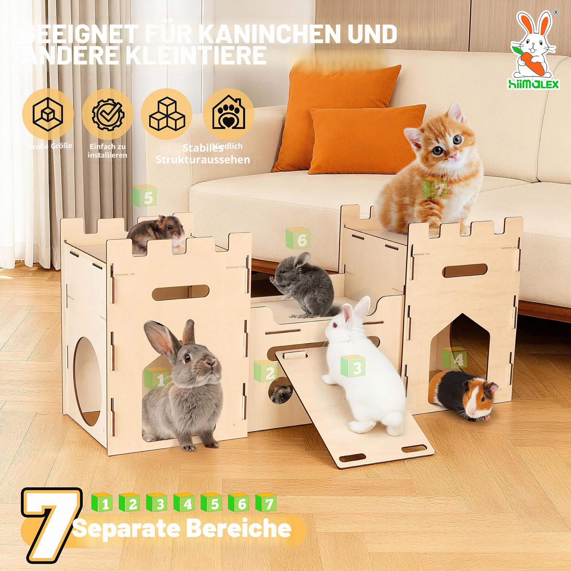 HIIMALEX Bunny Castle Haus – Stabiler Mehrstöckiger Kletterturm mit Tunnelversteck für Kaninchen, Frettchen, Meerschweinchen, Hamster, Belüftetes Anreicherungsspielzeug für Innenbereich, Mit Rampe