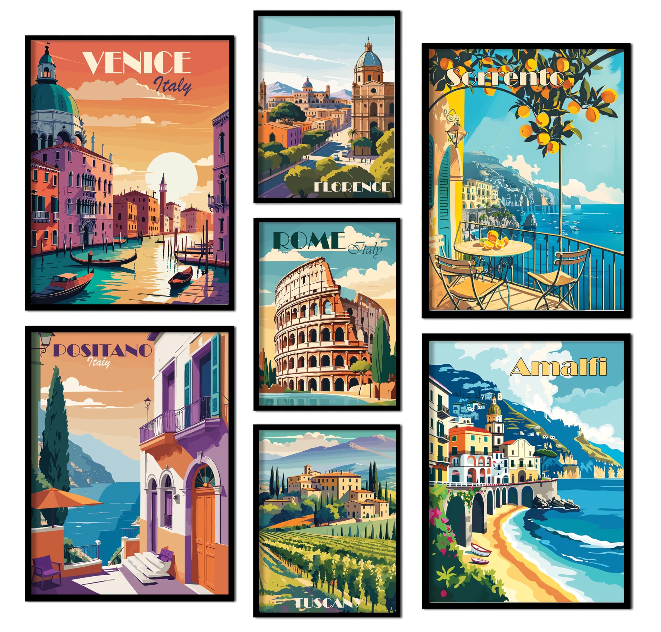 ag.art deco® 7er Set Poster Ohne Rahmen Wanddeko Wohnzimmer Modernes Design | Premium XXL 7 moderne Travel Italien Rome Venice Toskana Sorrento Amalfi Florence Vintage Retro Terrakotta Mediterran, Flur