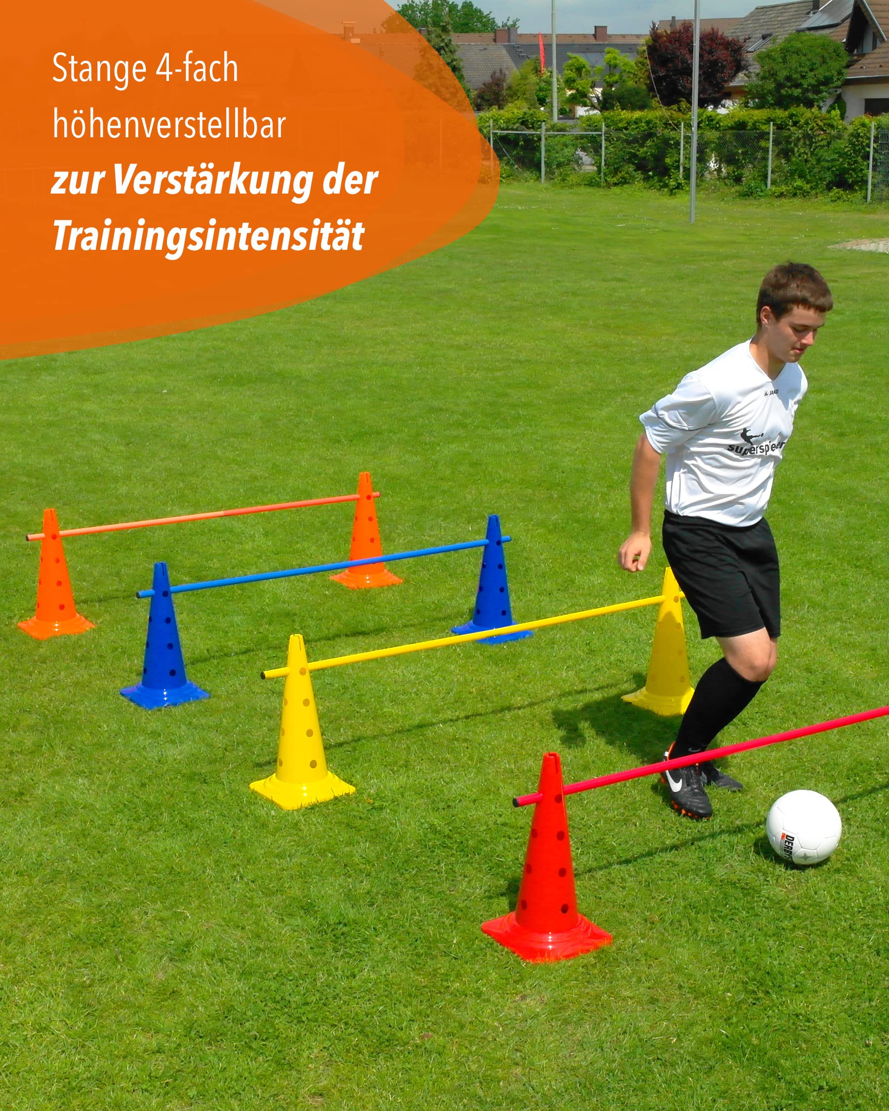 Kombi Kegel-Hürde 50 mit Stangen 100 cm – 4er Set – Parcours-Hindernis für Agility Training – Sprung- & Slalom-Hütchen für Hund, Sport, Pferd & Kind