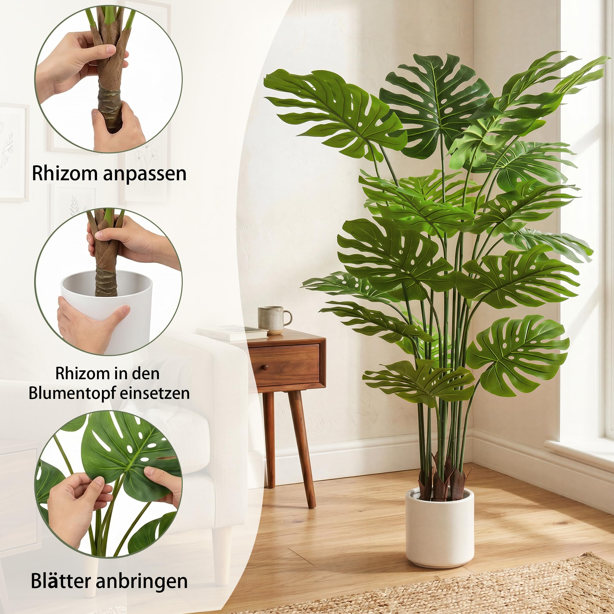 BEAUTYPEAK 160cm Monstera Künstliche Pflanze Wie Echt mit Weißem Topf | Kunstpflanze in Dichtes Laubwerk, Biegbare Blätter, Zimmerpflanze Deko für Wohnzimmer, Balkon,Büro,Flur, 2 Stück Fake Plants