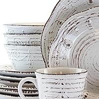 Vista 7 de Elama Rustic Birch 16 Piece Embossed Scalloped Stoneware Round Dinnerware Set in White with Brown Accents