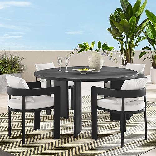 Miniatura 5 de Modway Tahoe - Juego de comedor de 5 piezas de aluminio con recubrimiento en polvo para patio al aire libre en gris y blanco, juego de muebles