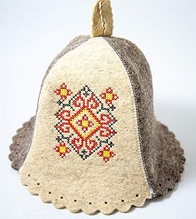Sauna Hat Wool Felt for Men woomen Russian Banya Ukrainian Ornament Vyshyvanka (Red Pattern)