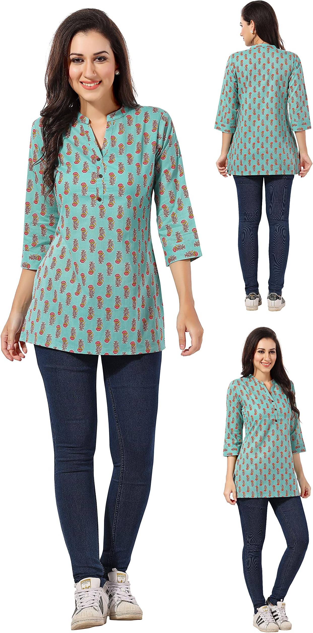 UnifiedclothesCPS02 Kurtis for Women Length 30 inches APX Cotton Green Block Print Any Ocassion Dress Plain Dresses Kurti Tunic Kurta Casual Top Shirt