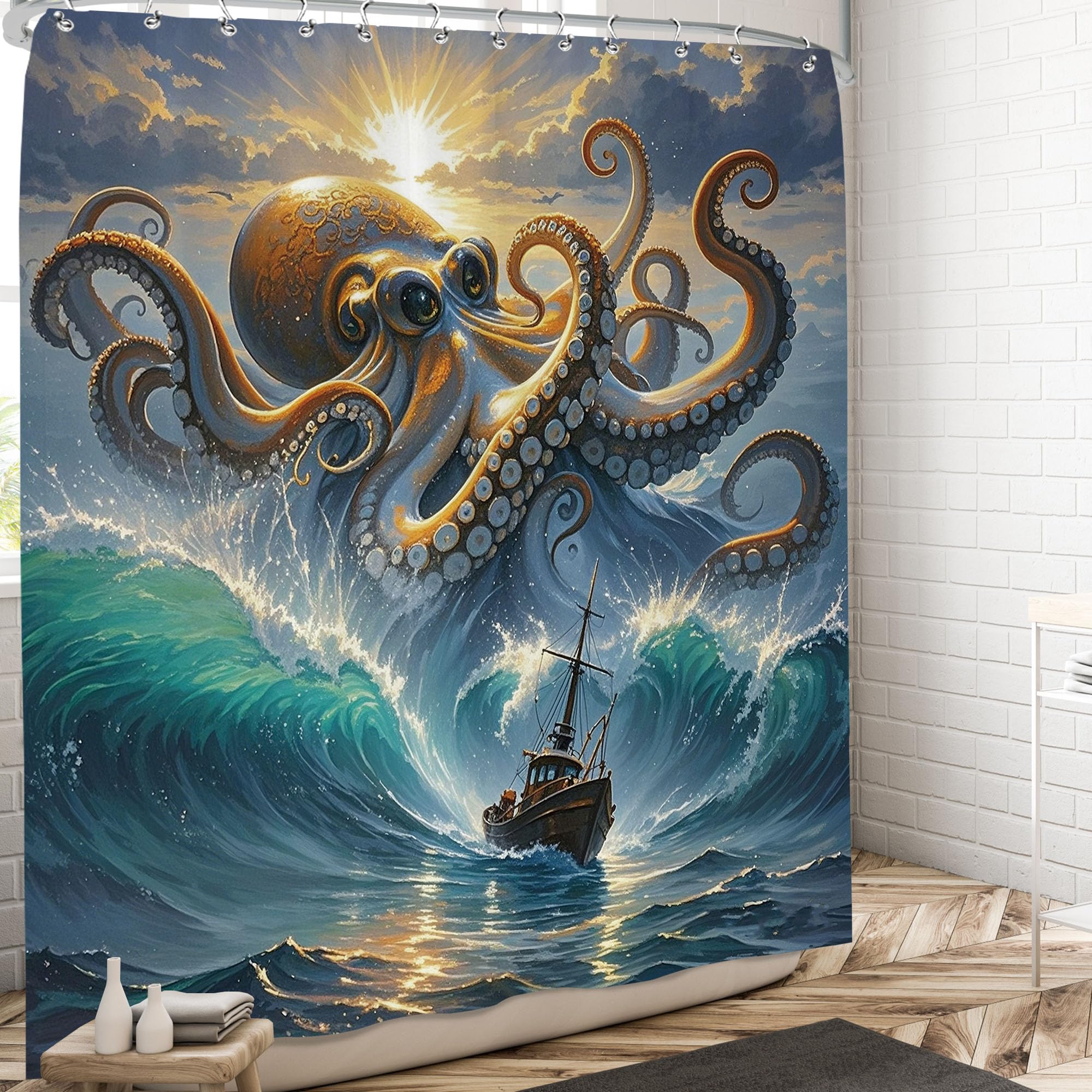 Pakena Funny Octopus Shower Curtain Nautical Coastal Cool Summer Ocean Kraken Monster Shower Curtains Set Beach Blue Sea Wave Fun Animal Bath Curtain Unique Marine Life Bathroom Decor 60x72 Inch