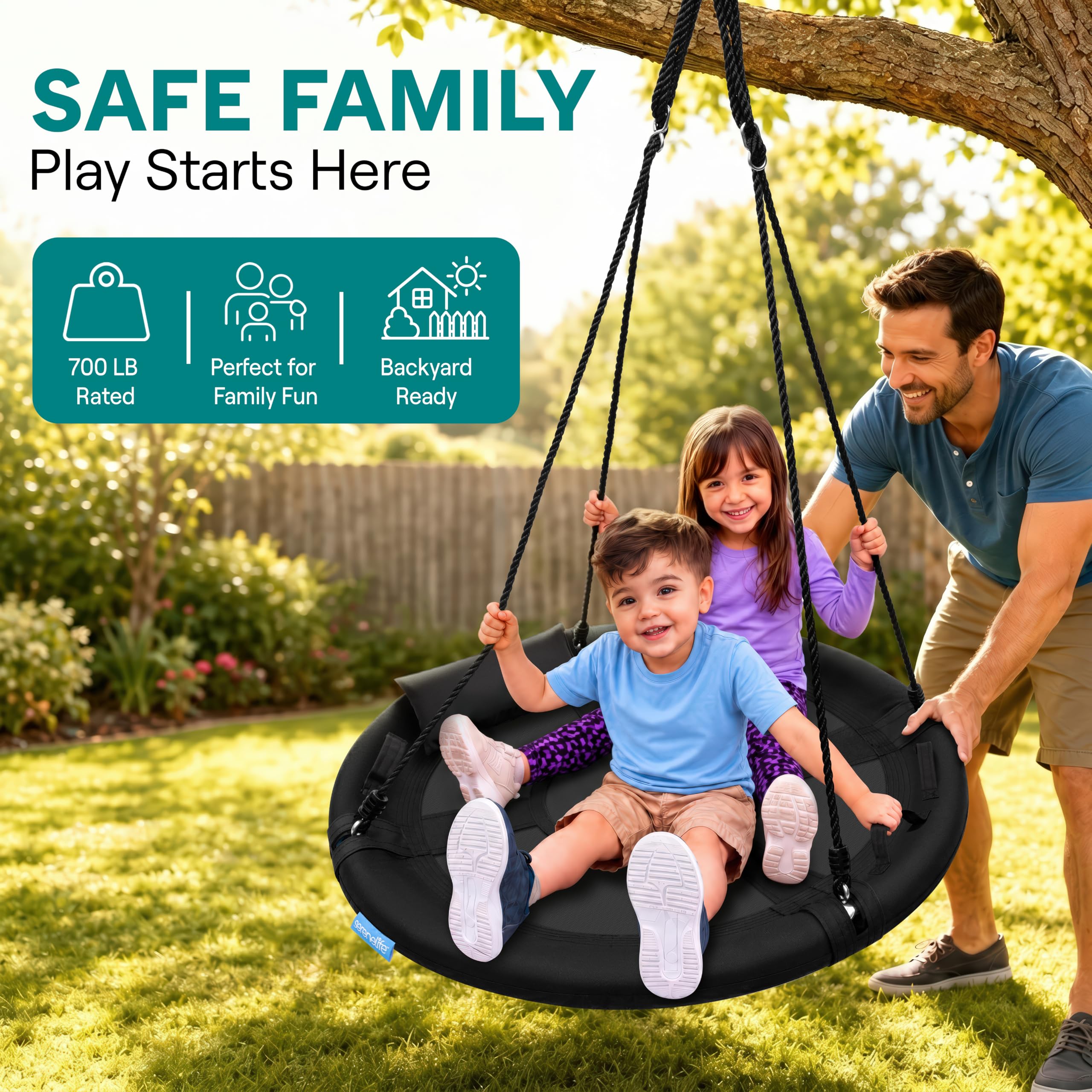 SereneLife Balançoire Nid Géante 100 cm, kit Suspension & Pivot Central, balançoire rondearbre extérieure, Cordes, Cadre Acier, siège Polyester pour Enfants – Noir