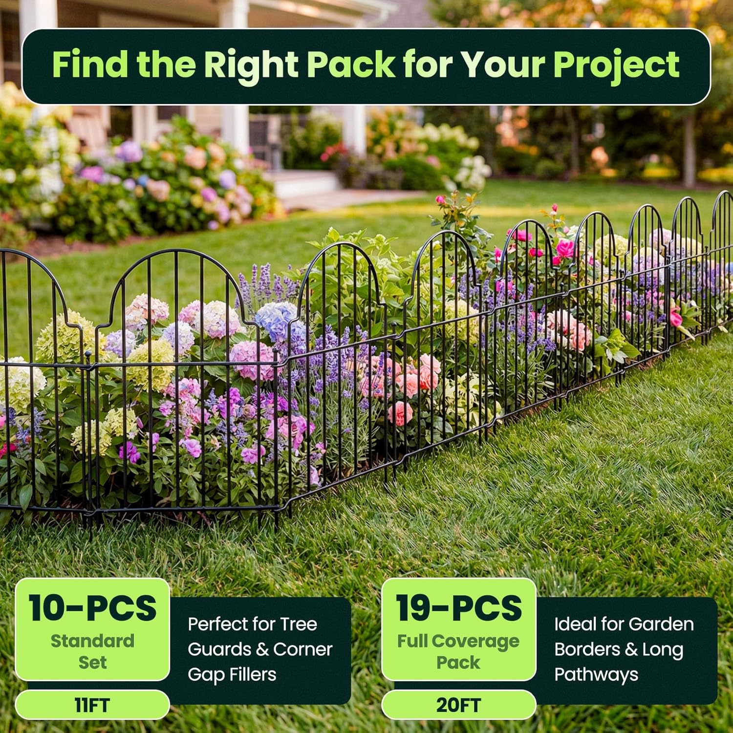 Decorative Garden Fence Panels 19 Pack - 16in (H) x 20ft Metal Animal Barrier Fencing, No-Dig Black Wire Border for Flower Beds, Patio, Yard, Landscaping