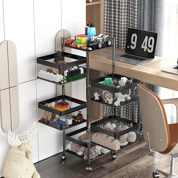 Fruit and Vegetable Basket for Kitchen No Assembly, Rotating Storage Rack,Bathroom Storage Shelf, Kitchen Organizers and Storage Cart on Rolling Wheels(Black, 5 Tier-Square)