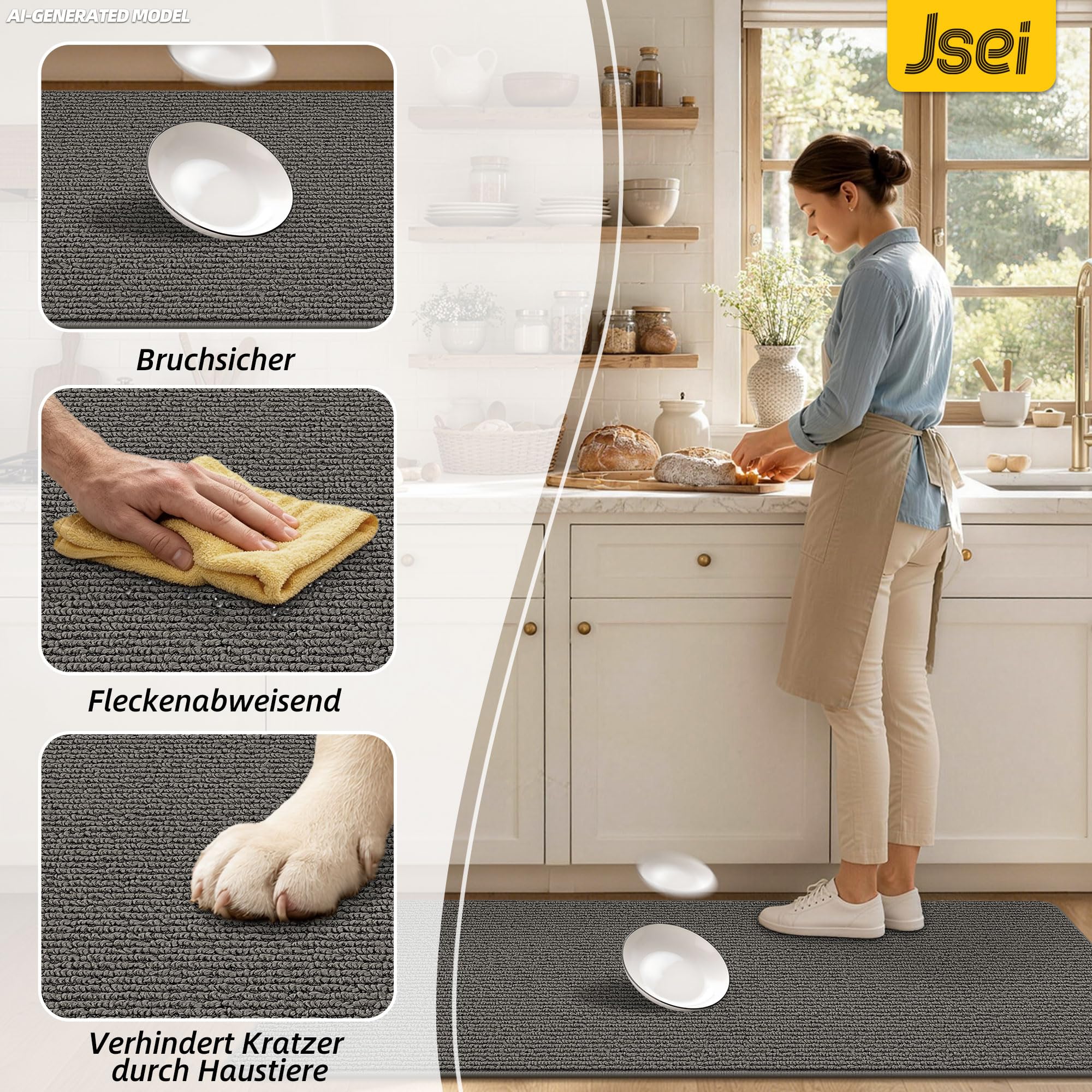 JSEI Küchenteppich rutschfest Waschbar, 2 Stück, 60x89+60x152cm, Grau