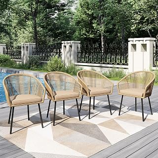 PHI VILLA Garden Chairs Set of 4, Outdoor Dining Chairs Rope Rattan Patio Chairs, Armchair Set with Extra Thick 8cm Cushions and E-coating Metal Frame for Backyard Porch Poolside, Beige