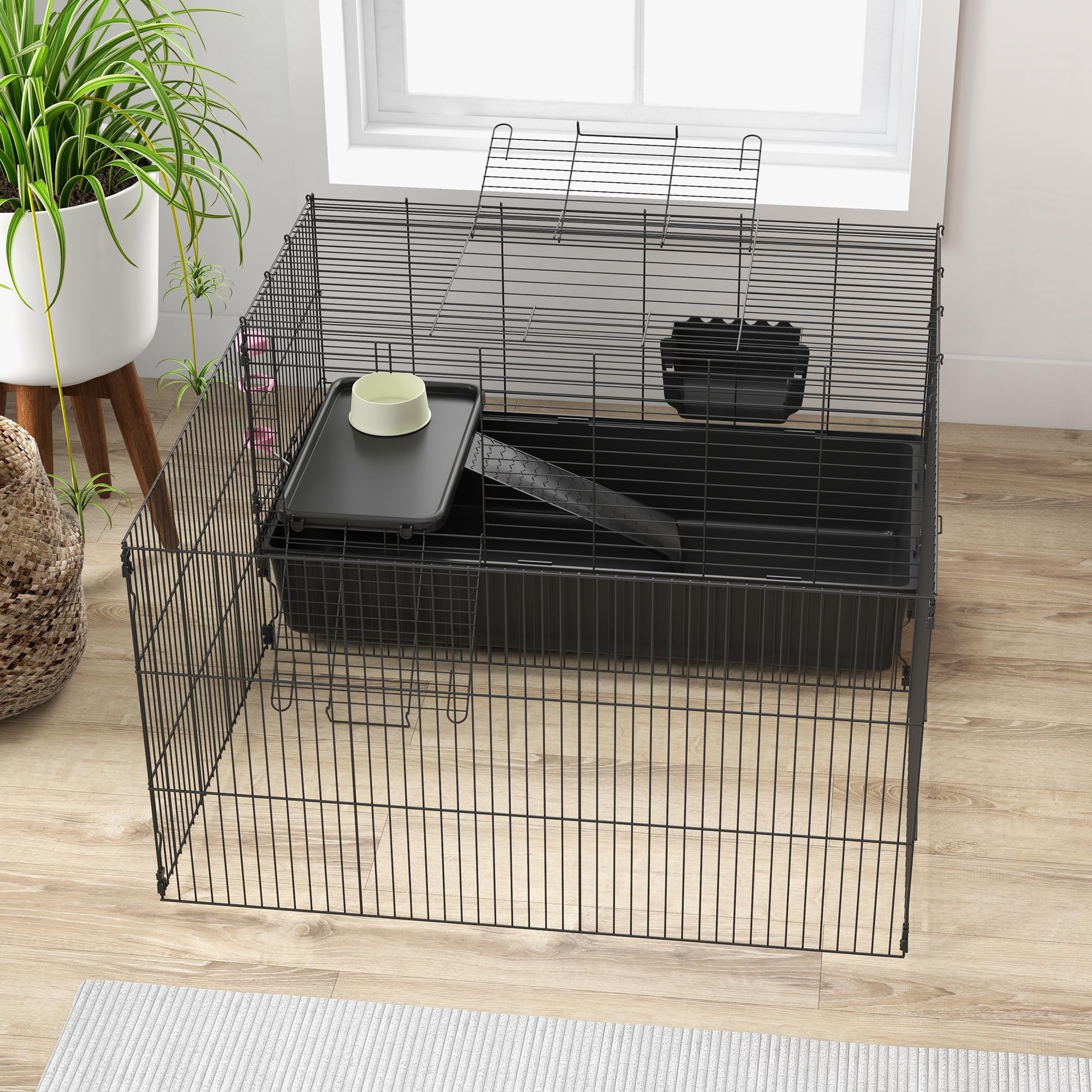 PawHut 99 cm Jaula para Animales pequeños con corralito, Jaula para Animales pequeños con Bebedero, comedero, Jaula para roedores con comedero, Jaula para cobayas para Animales pequeños Acero Negro | Jaula para roedores con botella de agua, comedero, come
