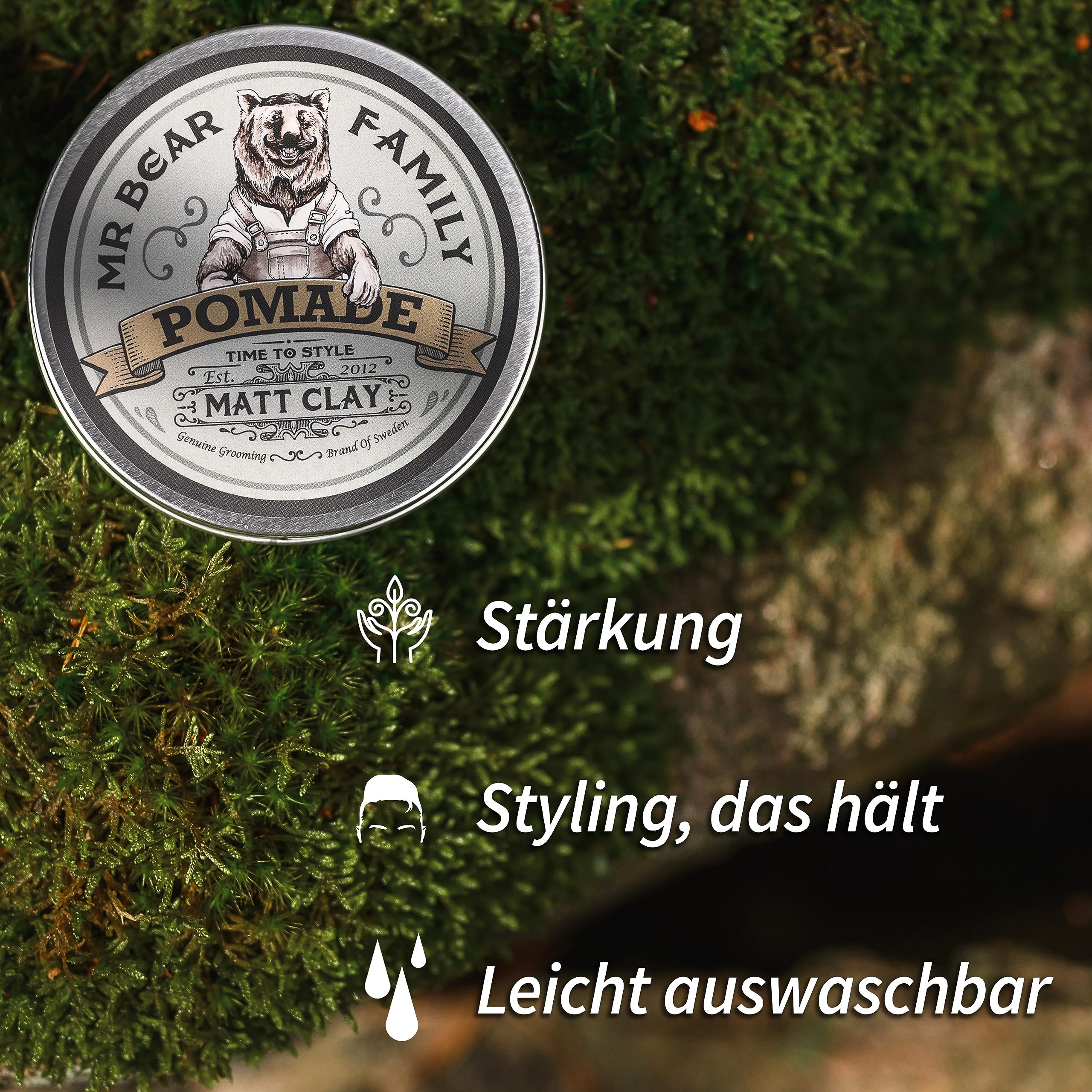 Mr Bear Family Matte Haar-Pomade für Männer – mittelstarker Halt auf Wasserbasis, enthält Volumen-Kaolin-Ton + Bentonit-Ton, nicht fettend, matte Pomade für effektive Kräuselbekämpfung, 100 ml