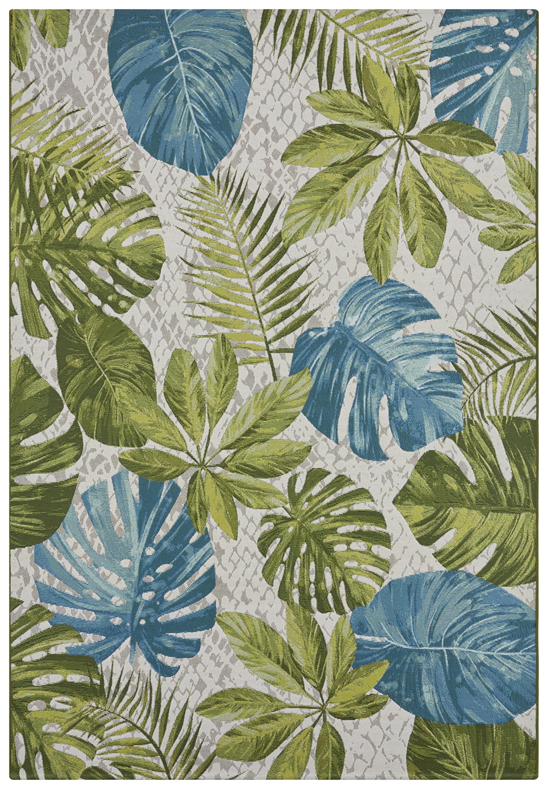 HANSE Home Tropical Leaves - Tappeto per interni ed esterni, in tessuto piatto, con foglie di palma, ecologico, resistente alle intemperie e ai raggi UV, per balcone, terrazza, giardino, turchese,