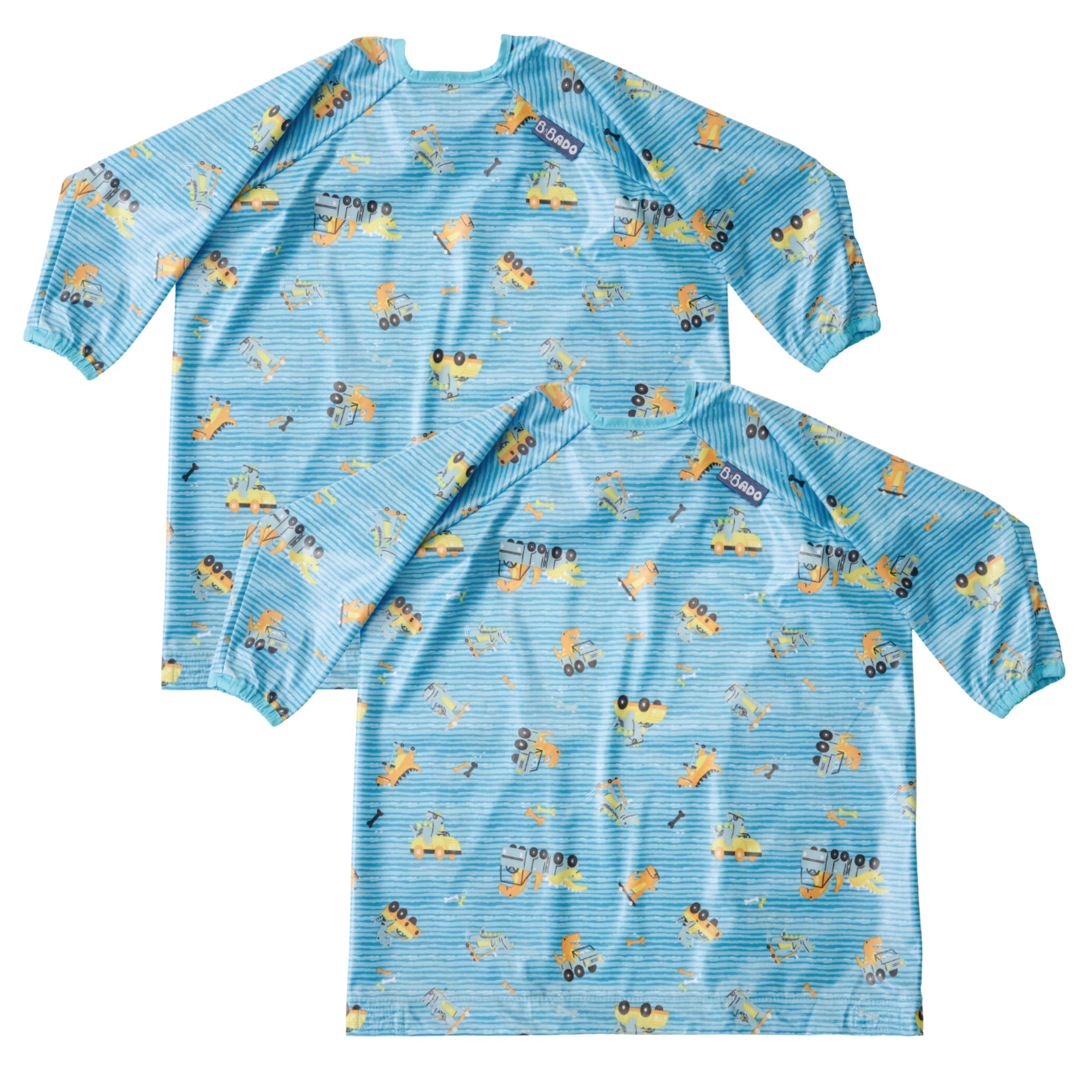 BIBaDOCoverall Weaning Bib - Toddler Baby Long Sleeve Bibs for Ages 6-36 Months Attaches to Highchairs Pushchairs Tables - Waterproof Machine Washable. Mess Proof Feeding BLW Bibs, Speedy Dino 2