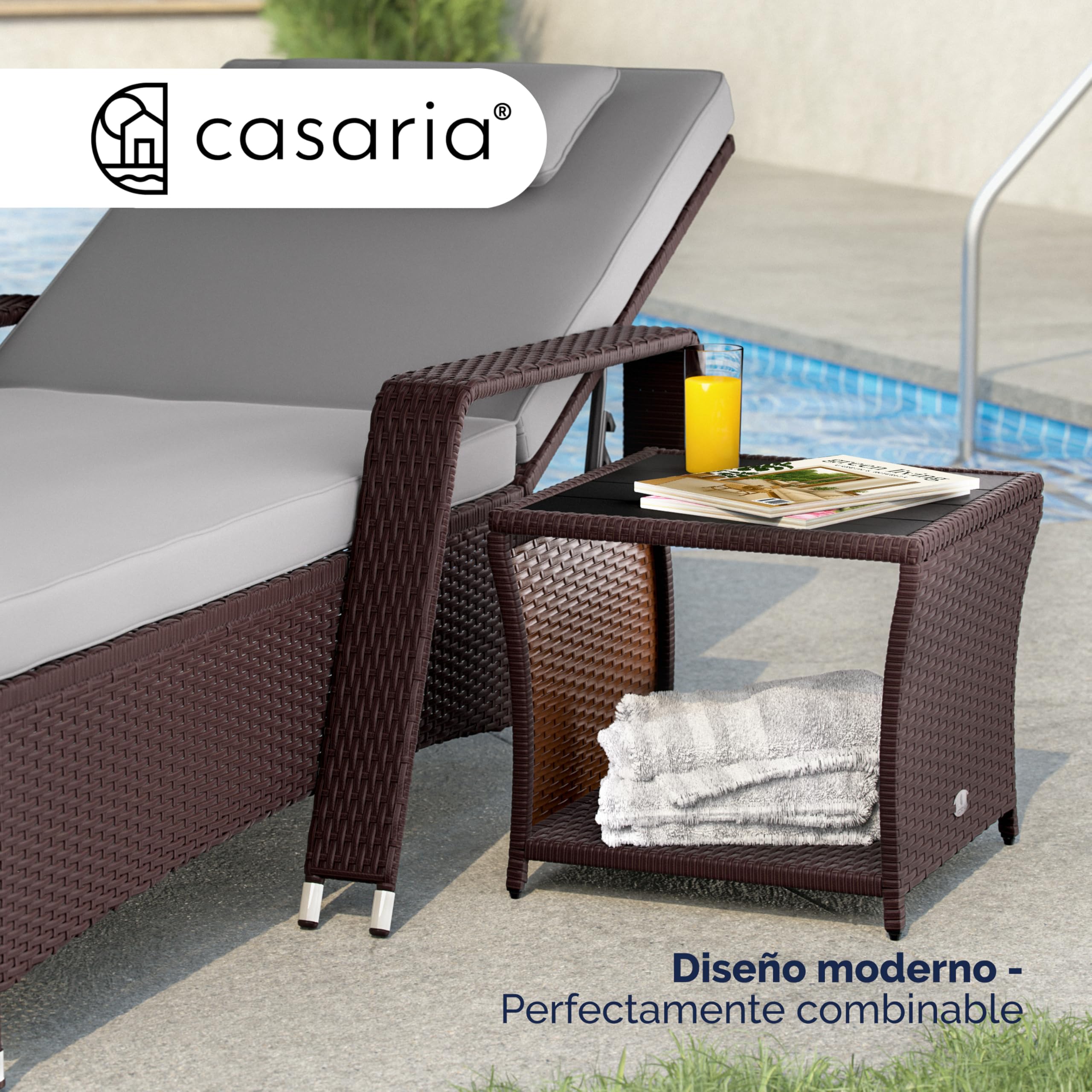 CASARIA Mesita Auxiliar de Poliratán Balcón Jardín 45x45x40cm Tablero WPC Mesa Altura Ajustable Marrón