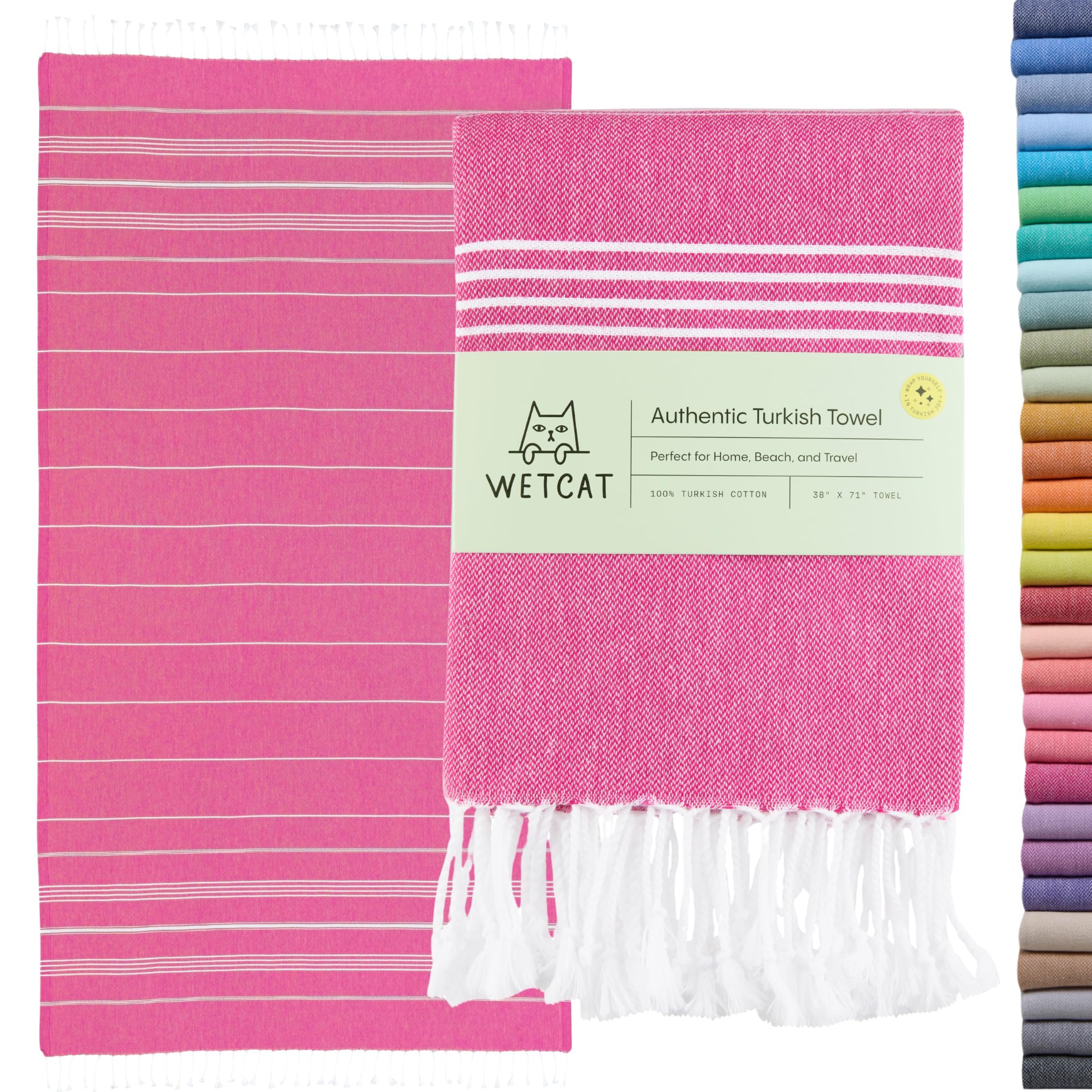 WETCAT Turkish Beach Towel Oversized (38"x71") 100% Turkish Cotton, Made in Turkey - Sand Free, Extra Large, Ultra Soft, Quick Drying, Compact &